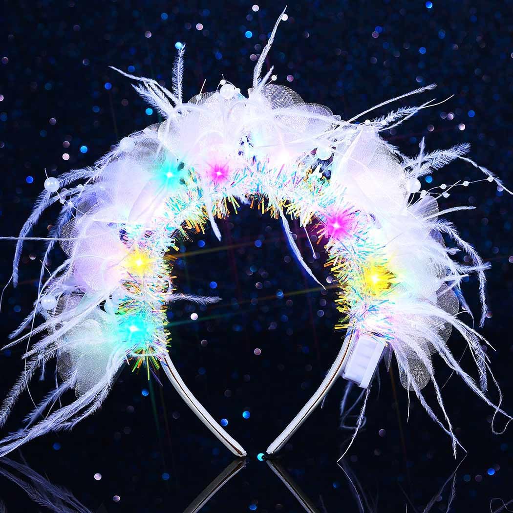 Evlry LED Feather Headband Glowing Flower Hair Bands Light Up Pearl Hair Accessories for Women, White