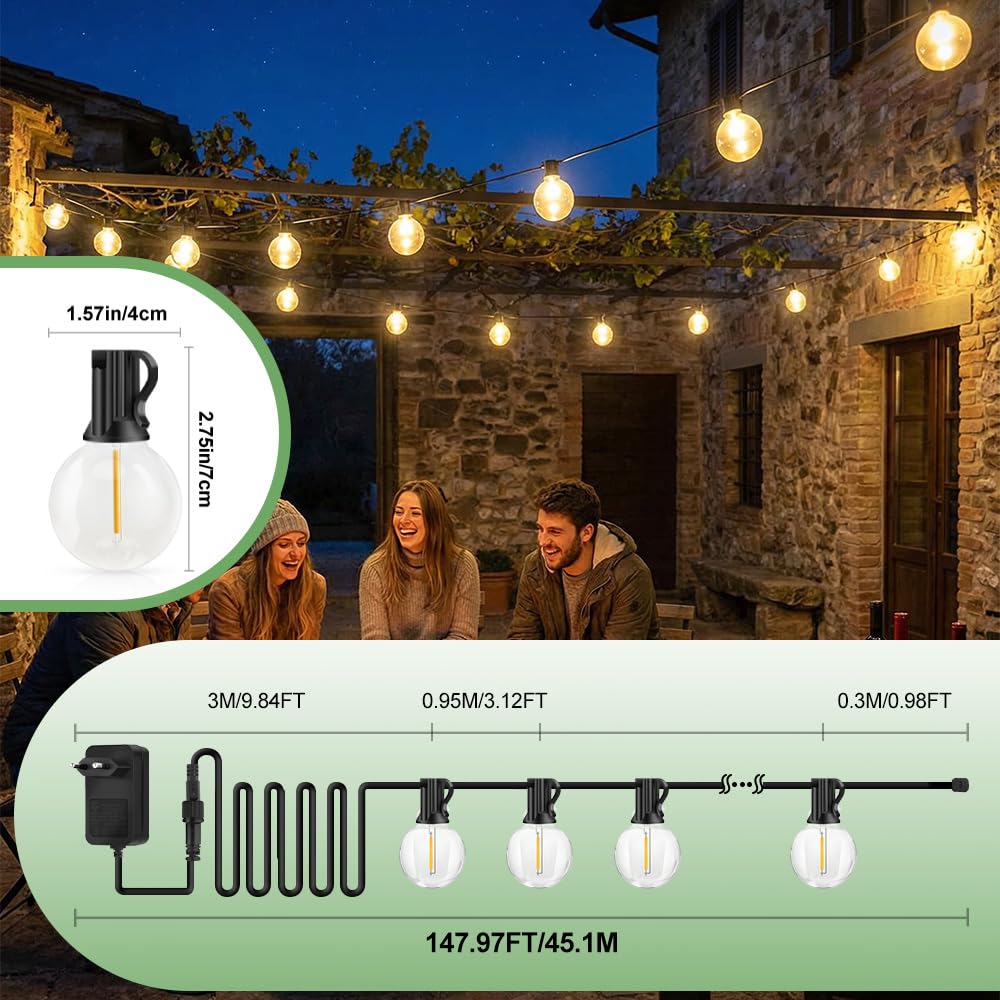 Guirlande Lumineuse Exterieure LED 45M Guirlande Guinguette Exterieur avec Télécommande 4 Modes Dimmable Imperméable Guirlande Lumières Extérieur Terrasse Mariage Pergola Balcon Déco