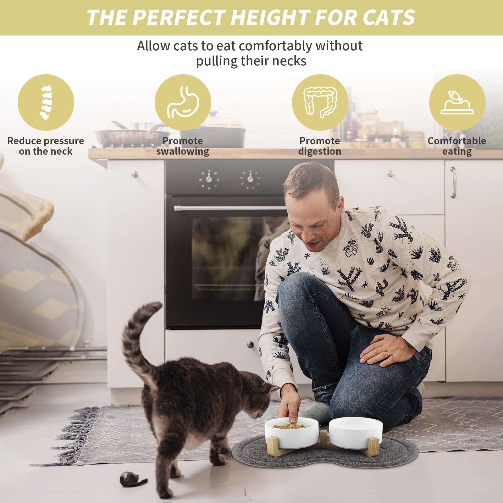 Ciotole per Gatti, Ciotola Ceramica Gatto con Staffa 400ML, Distributore per cibo con 2 Ciotole, Adatto a Gatti di Tutte le Dimensioni e Cuccioli (Bianco)