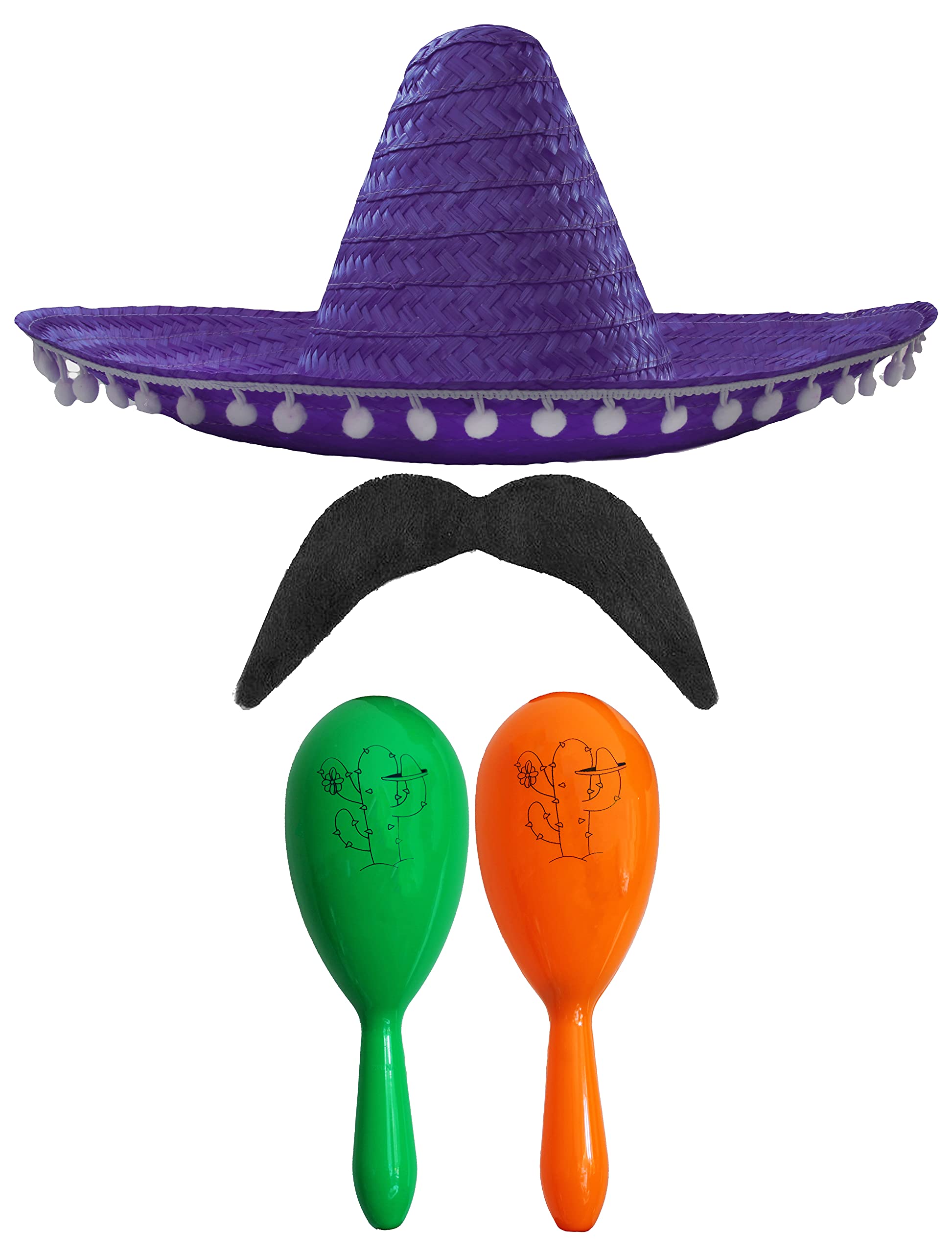 Adults Mexican Accessory Set - Natural Mexican Sombrero, Green & Orange Maracas, Moustache - Mexican Cinco de Mayo Sensorita Bandit Mariachi Fancy Dress Costume Accessory Set — image 1