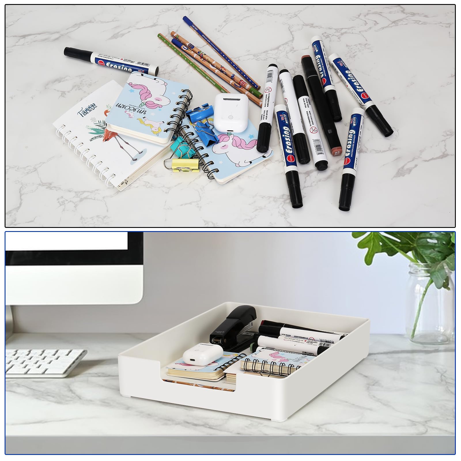 Bandeja organizadora de cartas, paquete de 2 bandejas de papel, organizador de cajones de escritorio apilable para suministros de oficina, revistas, carpetas, archivos, cuadernos, papelería, bandeja