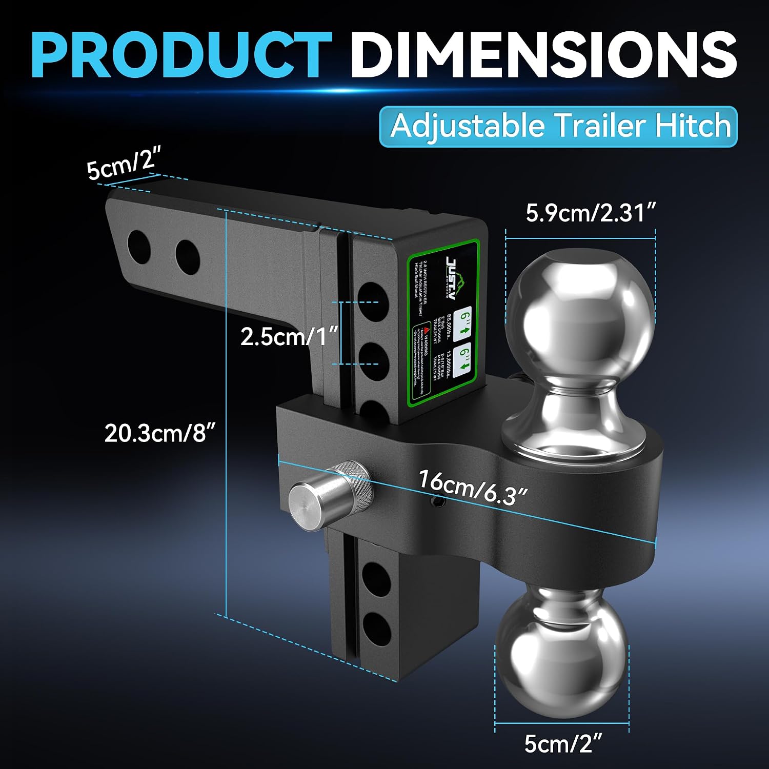 Just-V Drop Hitch -Adjustable Trailer Hitch for 2" Receiver,21500 LBS GTW,Heavy Duty Tow Hitch with 6" Drop/Rise Dual Balls (2" & 2-5/16") forTruck Black