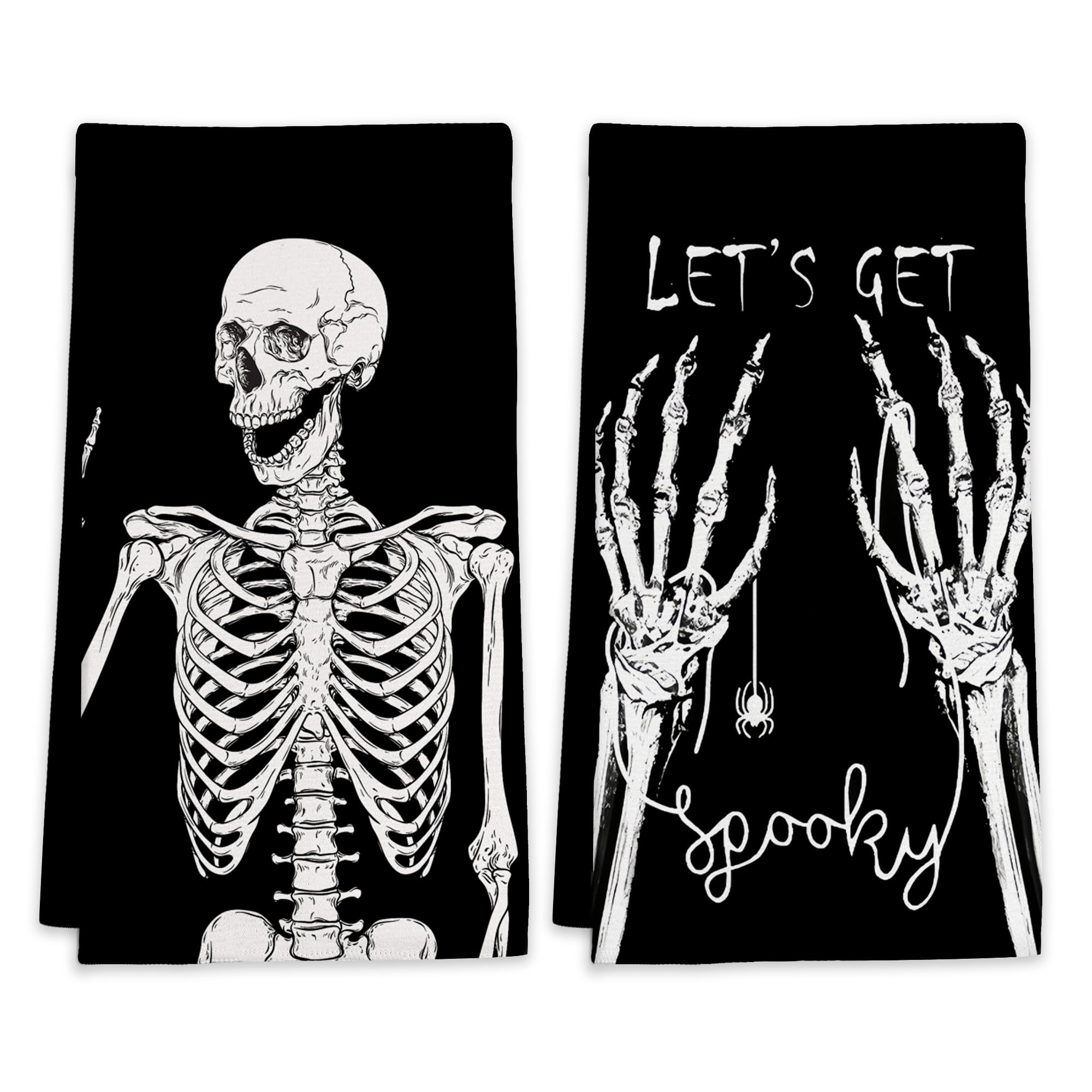 LUOENY 2 Pcs Skeleton Tea Towels Set Absorbent Quick Dish Cloths Hand Towels Reusable Bar Hand Dishcloths Decor for Bathroom Kitchen Home Supplies, 45x60 cm โ image 1