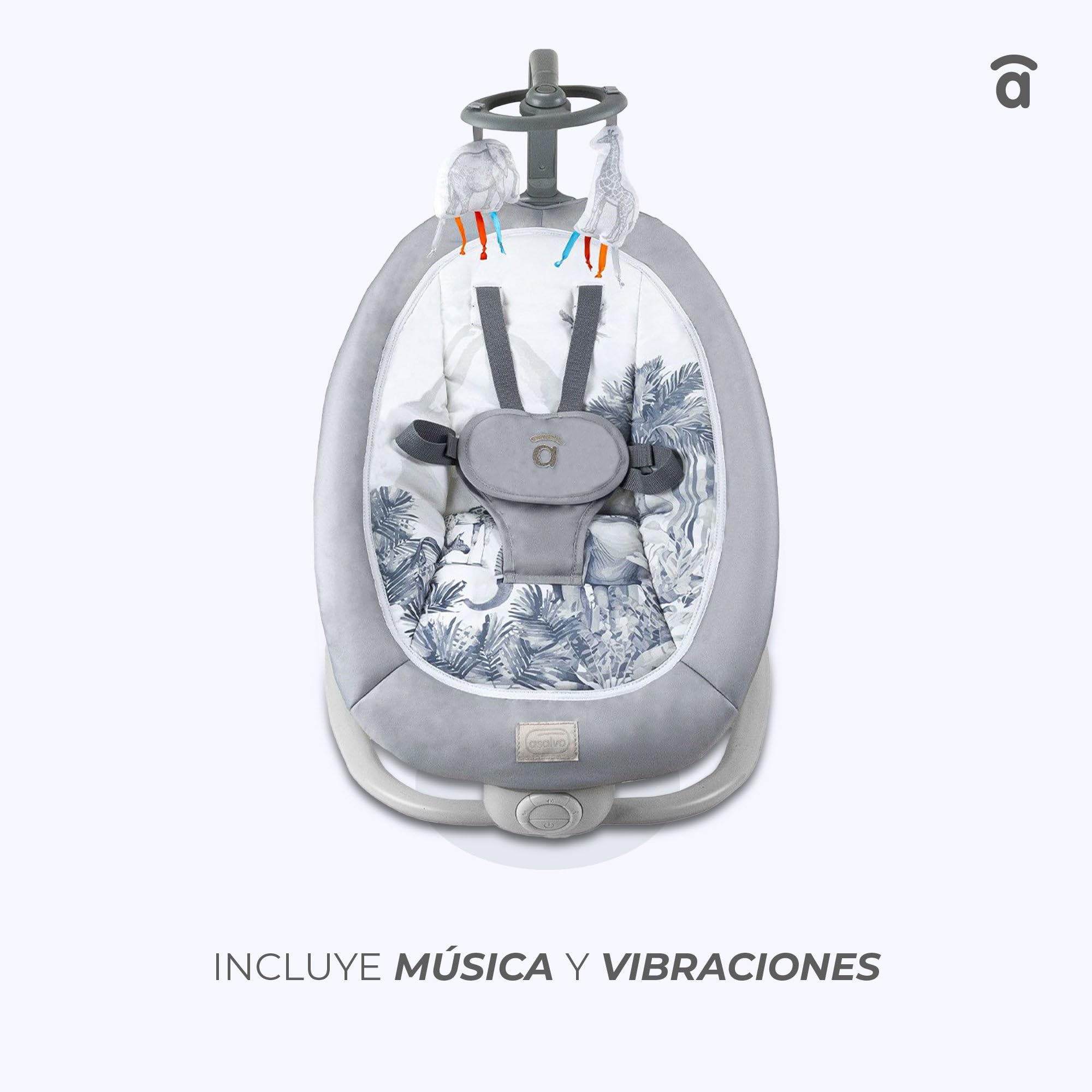 Asalvo Hamac éléphant bébé pliable 4 positions musique vibration harnais 5 points charge max 9 kg Gris Aqua