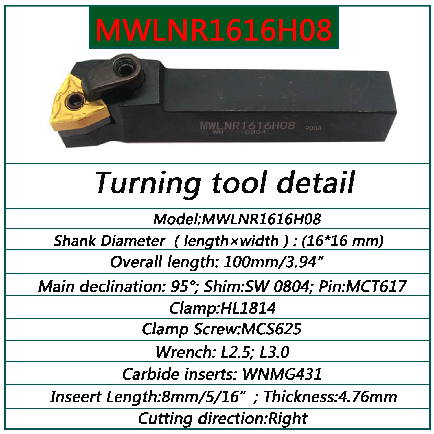 5/8" Tornio Excircle Portautensili per indicizzabile MWLNR1616H08 + tornio in metallo barra di alesatura interna S16Q-MWLNR08 + inserti di tornitura in carburo indicizzabile WNMG431(WNMG080404)