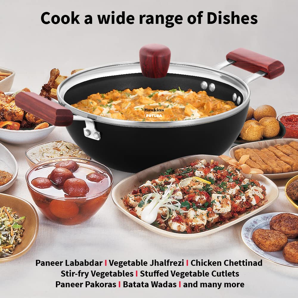 Hawkins Futura 2.5 Litre Deep Kadhai, Nonstick Kadai with Glass Lid, Flat Bottom Induction Kadhai, Deep Fry Pan, Black (INDK25G) 3