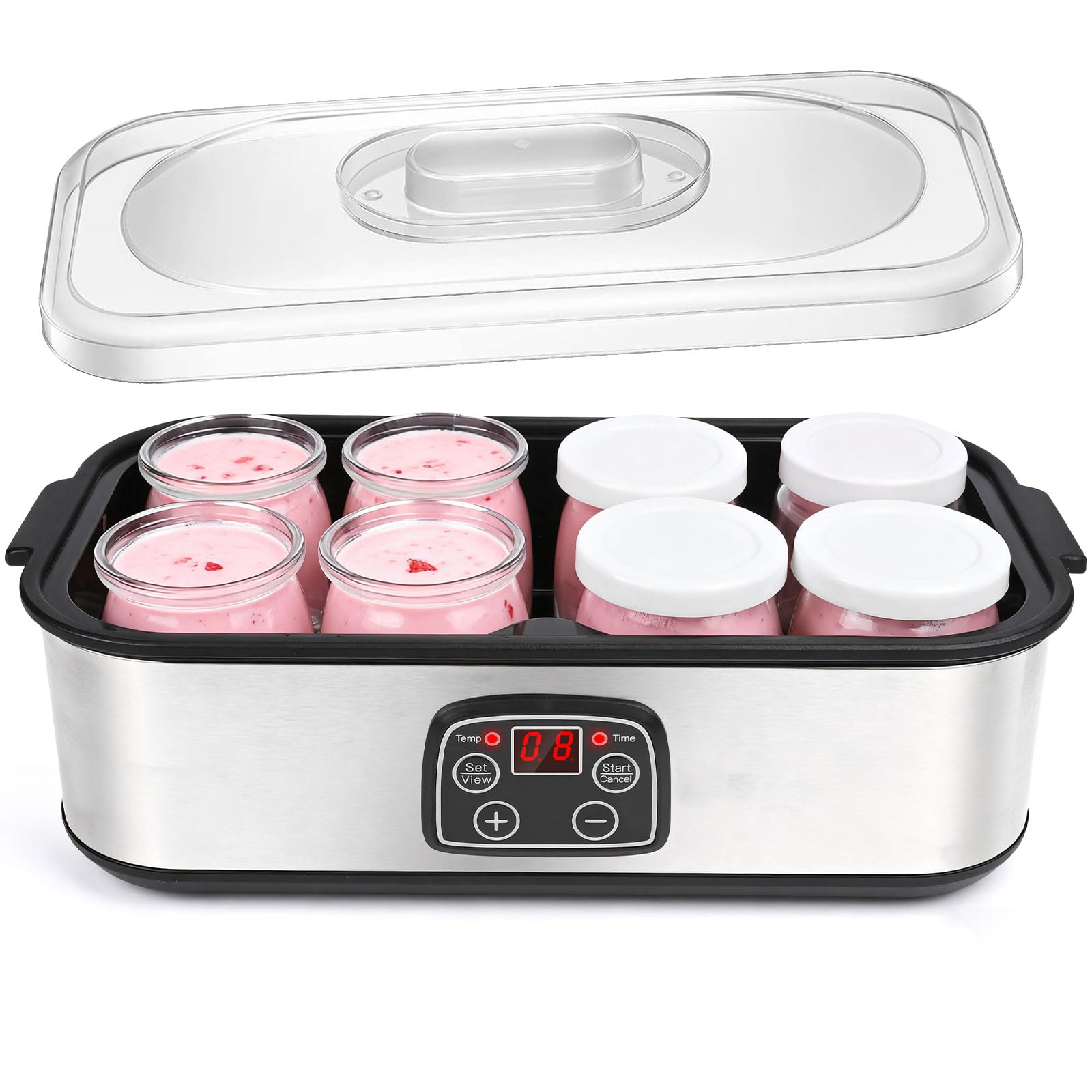 Dreamhigh® Elektrische Joghurtbereiter, Griechische Joghurtmaschine mit 8 Glasbehälter à 180 ml, Joghurt Maker mit LCD Display Timer, Temperatur 20-55°C, für Bis 1,4L Selbstgemachten Joghurt
