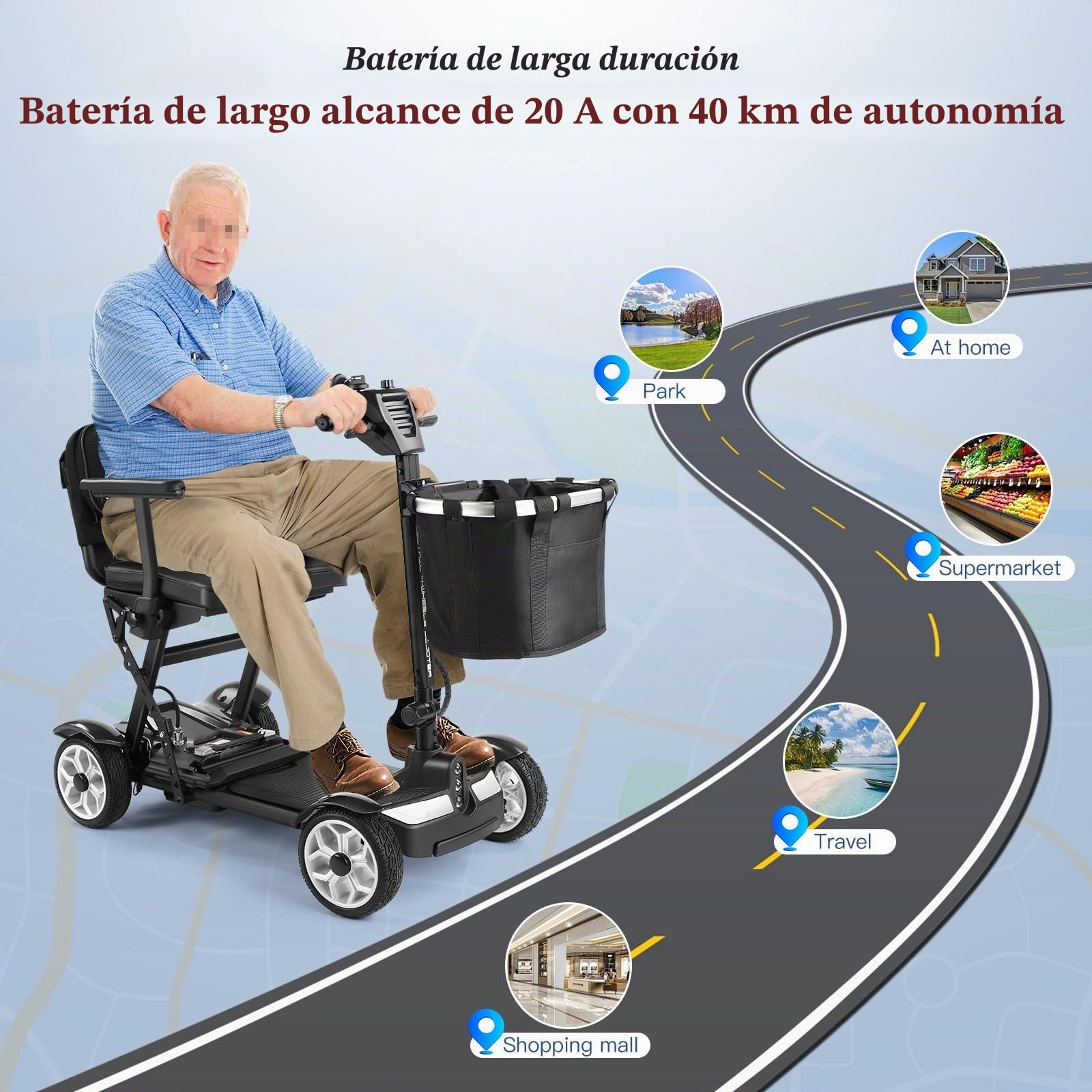 Scooters para Personas Mayores,Scooter De Movilidad De Viaje con Motor De 4 Ruedas,Scooter De Movilidad Plegable,con Batería De Litio Extraíble De 20 AH,Apto para Personas Mayores Black