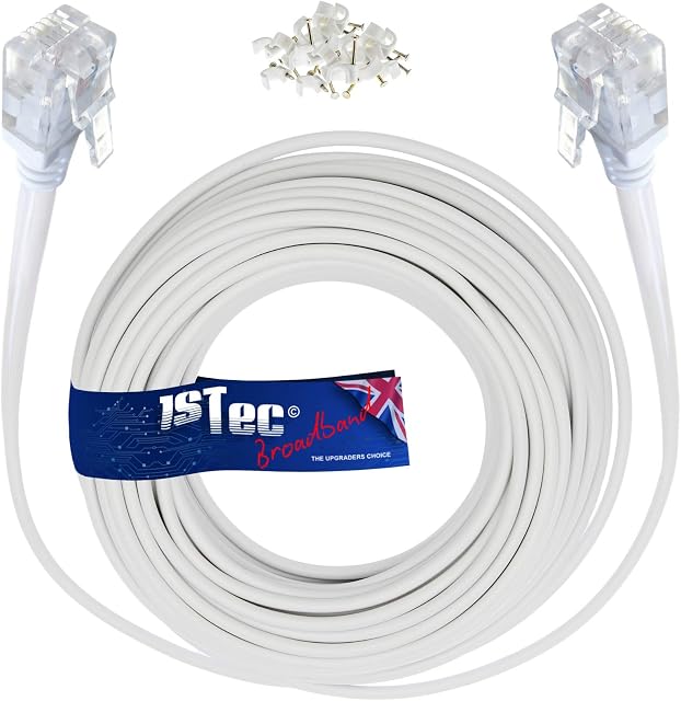 1STec 10M ADSL2+ Super High Speed Cat5e RJ11 Broadband Hub Internet Extension Cable for BT Infinity Sky Q Talktalk Plusnet EE Vodafone Post Office Router on Fibre or Standard Services 10 Metre White