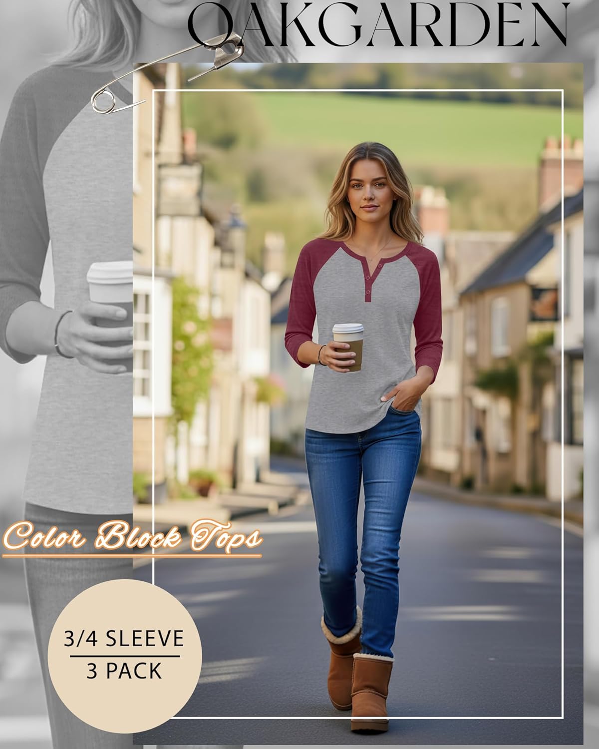 3 Pack Womens 3/4 Raglan Sleeve Shirts V Neck Baseball Tee Color Block Tops Tunic Blouses Button Henley T Shirts - Image 3