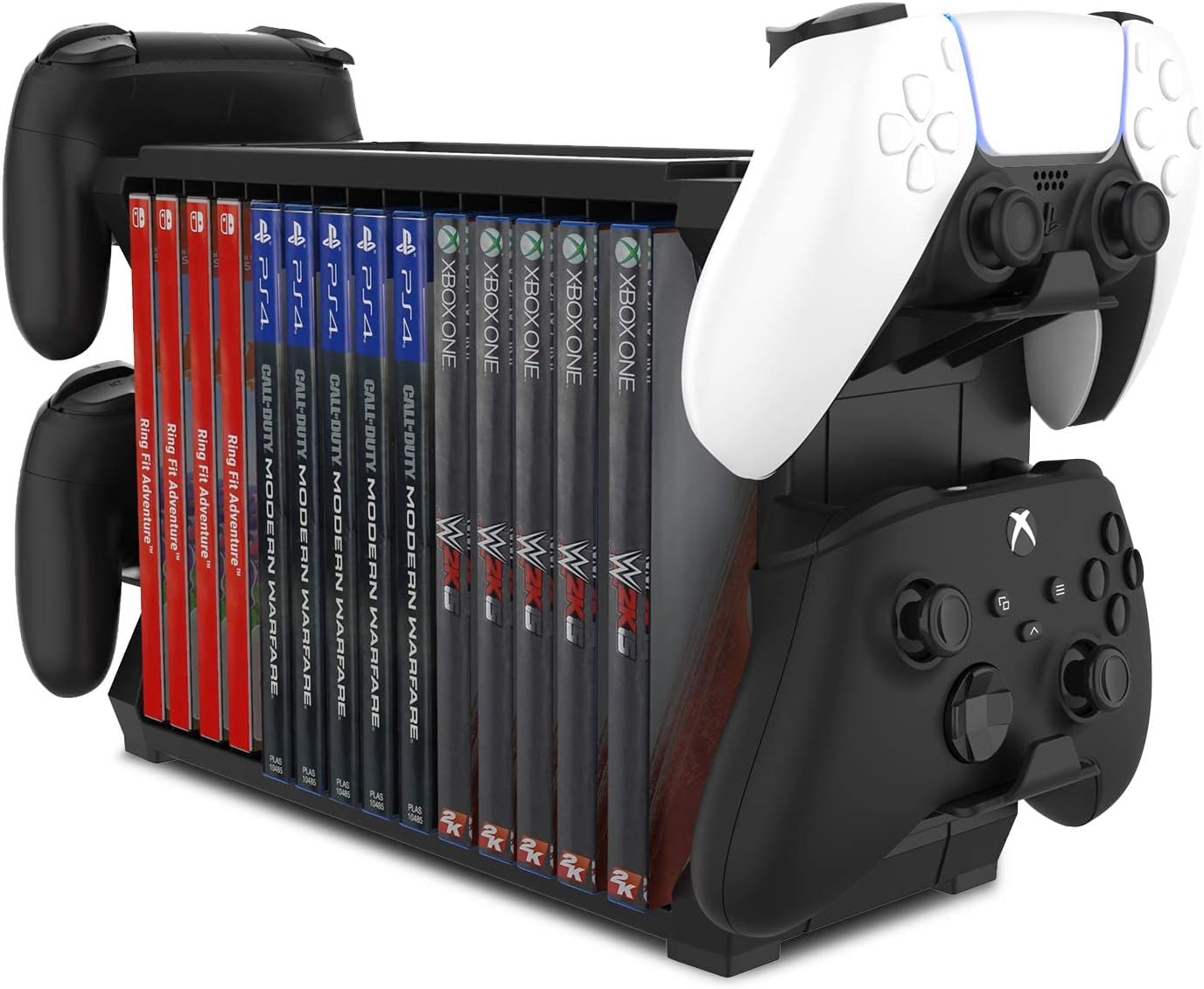 Games Storage Tower for PS5, Xbox Series X, Nintendo Switch - Holds up to 15 CD Discs and 4 Controllers - Game Disk Rack and Controller Stand