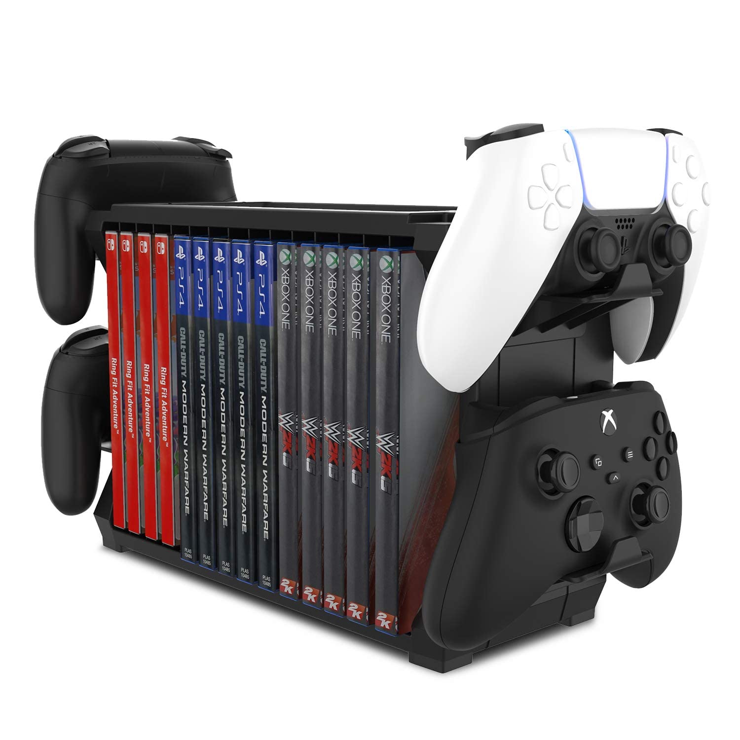 Games Storage Tower for PS5, Xbox Series X, Nintendo Switch - Holds up to 15 CD Discs and 4 Controllers - Game Disk Rack and Controller Stand