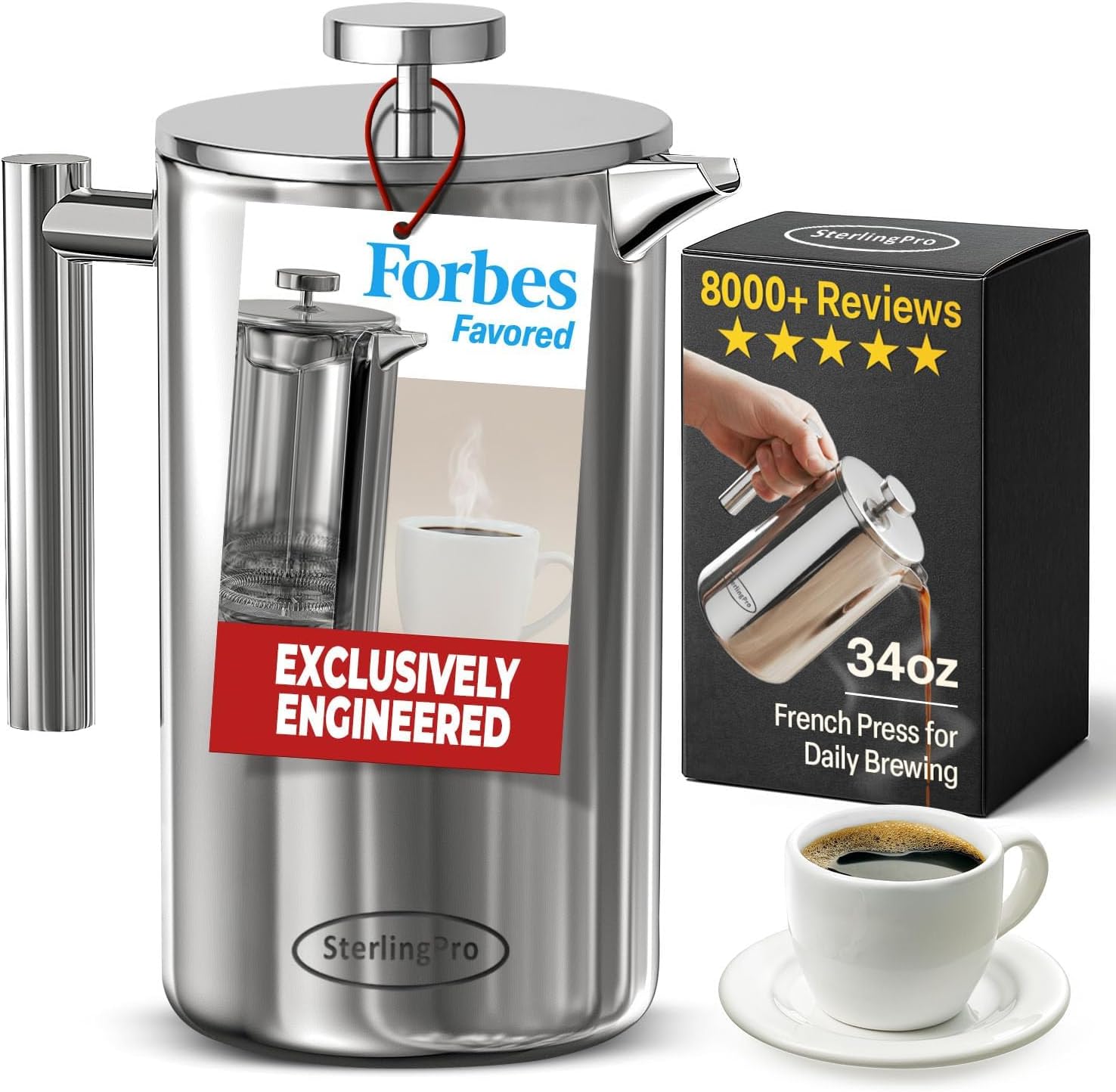 SterlingPro Non-Toxic Insulated Stainless Steel French Press Coffee Maker 34oz – Insulated Metal Double Wall Coffee Maker | Plastic Free | Cool-Touch | Mirror Finish | Makes up to 8 Cups / 4 Mugs