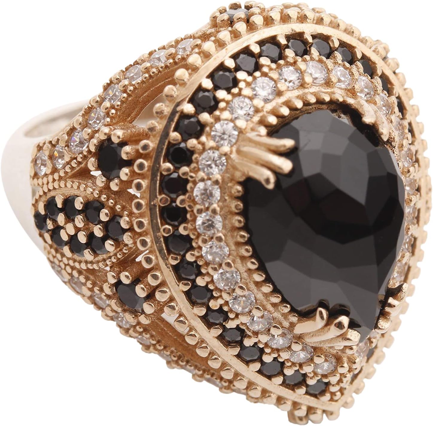 Turkish Handmade Jewelry Drop Shape Pear Cut Black Onyx and Round Cut Topaz 925 Sterling Silver Ring Size Options