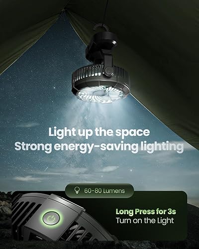Miniatura 5 de Gaiatop Ventilador portátil de campamento con linterna LED, pantalla de alimentación de rotación de cabeza de 360, gancho colgante para tienda, 3