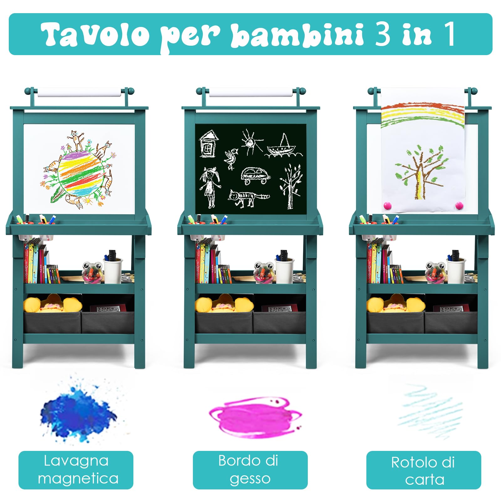 RELAX4LIFE 3 in 1 Lavagna per Bambini, Cavalletto Pittura a Doppia Faccia, Lavagna Magnetica con Rotolo di Carta, Giocattolo Educativo 3+ Anni (Blu)