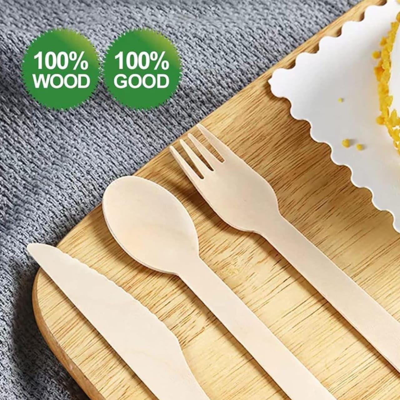 Juego de cubiertos 100 % compostables, 300 utensilios de madera compostables [120 tenedores, 90 cuchillos, 90 cucharas] – cubiertos de madera desechables