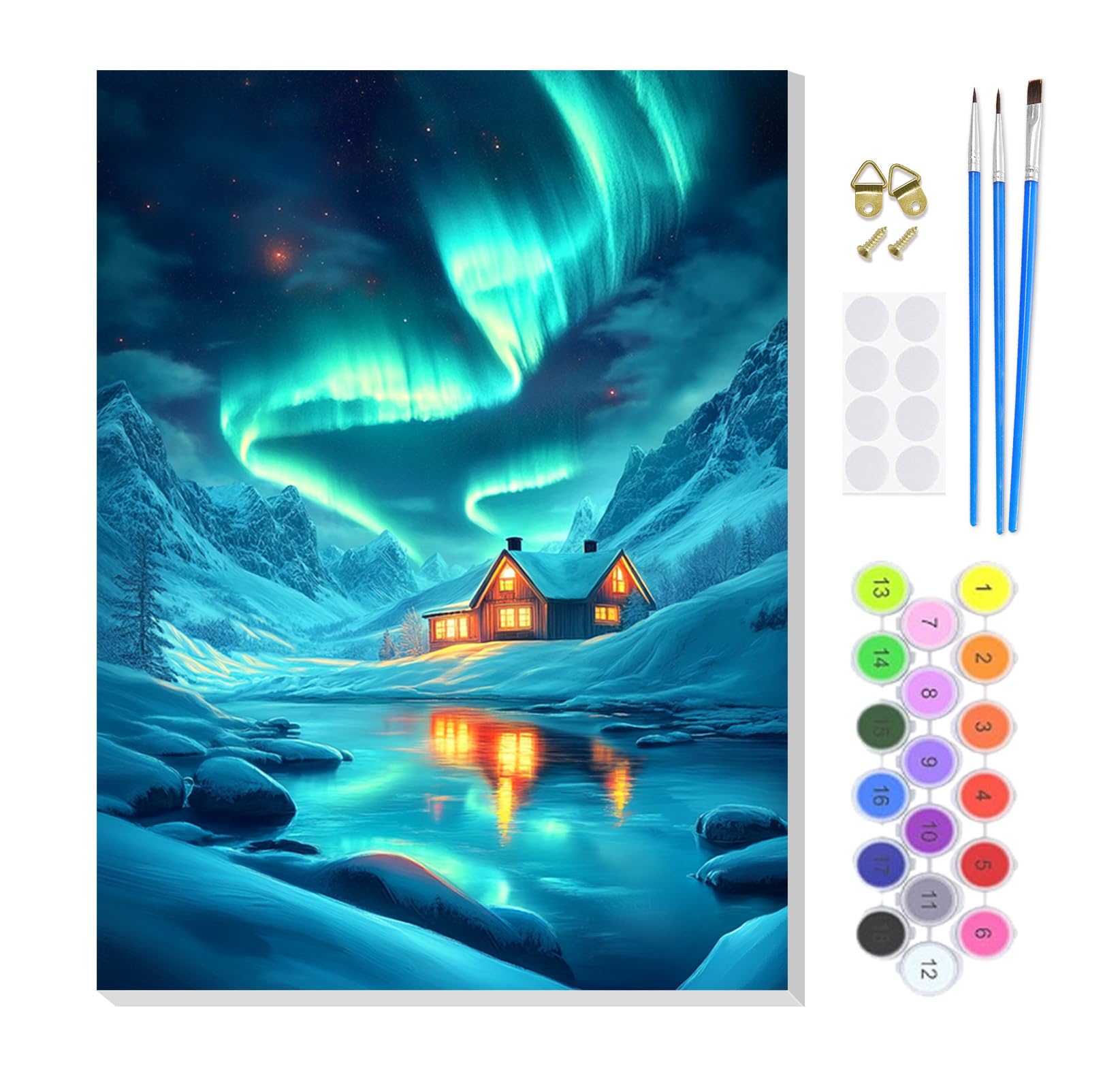 KEYIFA Paint by Numbers for Adults on Framed Canvas,Aurora Cabin Painting by Number Canvas Kits with Acrylic Paint Brushes, DIY Craft Oil Painting Art Kits for Adults, Home Wall Decor 20x30cm