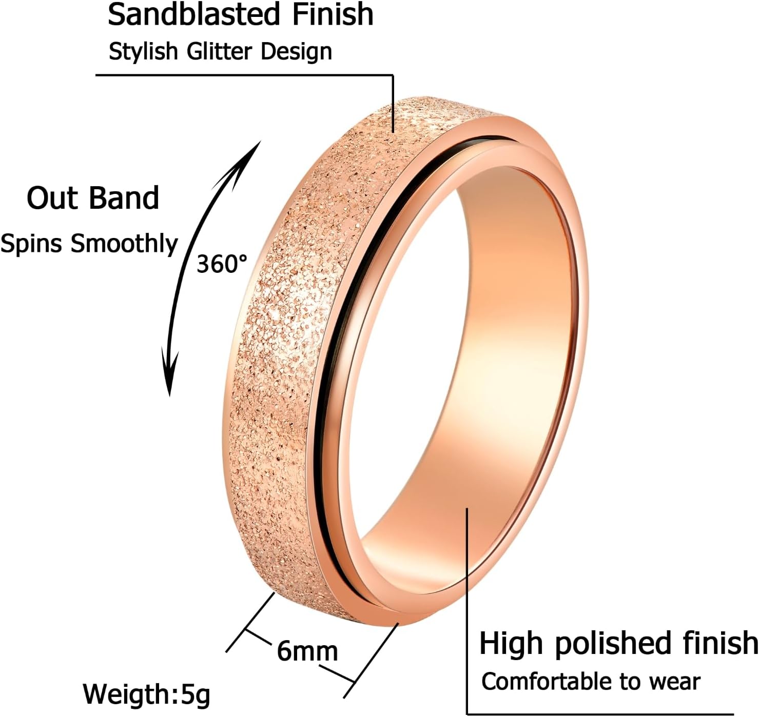 Anxiety Fidget Relief Spinner Rings for Women 6 mm Stainless Steel Worry Stress Relieve Ring Band Set for Anxiety Women Men Size 5-11 - Image 2