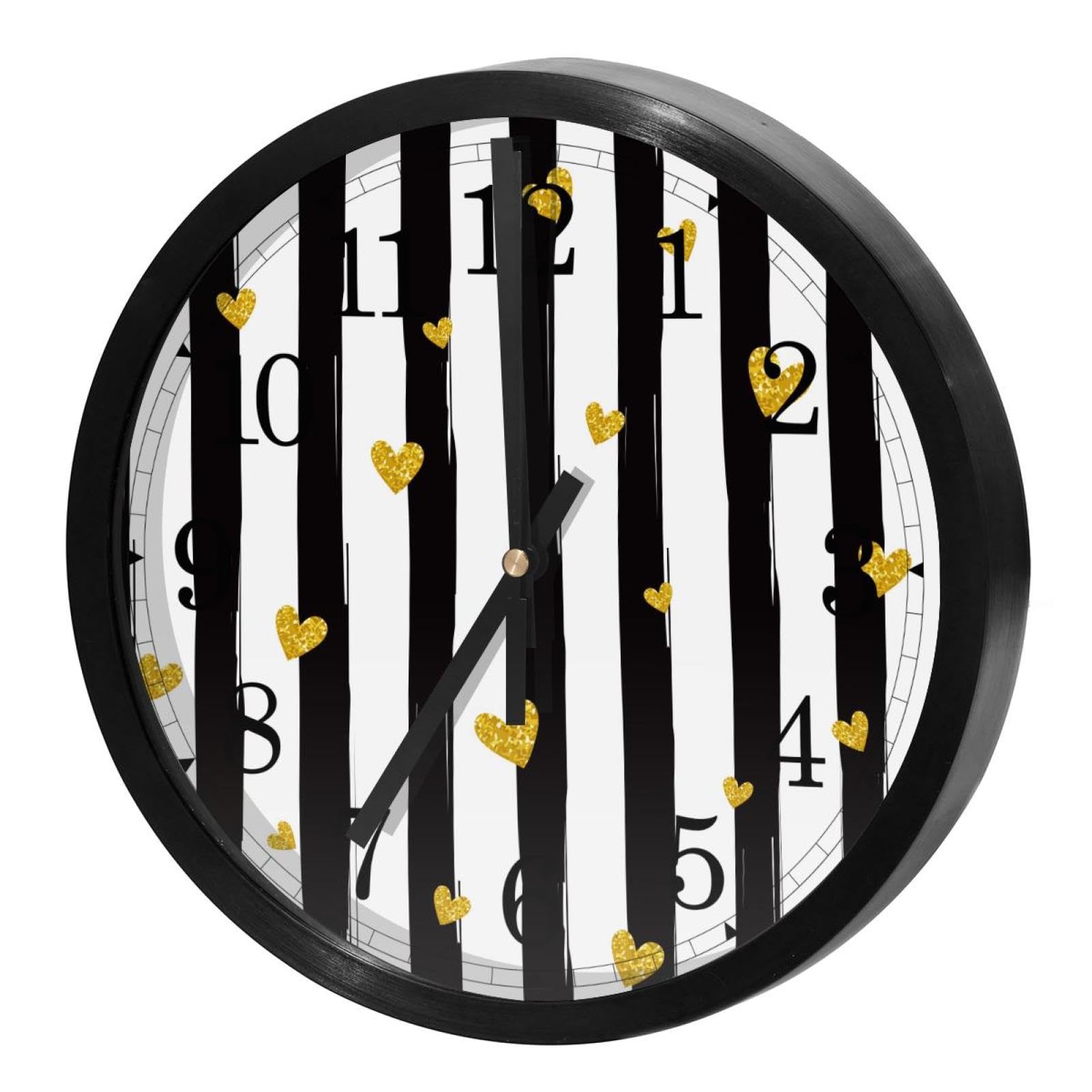 Horloge murale silencieuse à quartz ronde à rayures et motif cœur pour maison