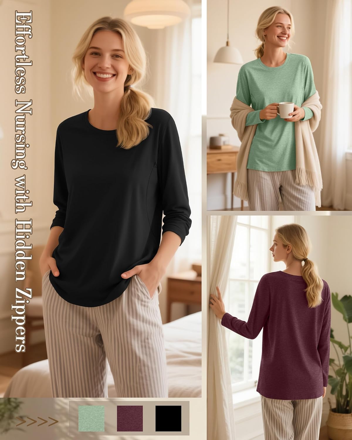 3 Pack Nursing Tops for Breastfeeding Maternity Shirts Zipper Long Sleeve Round Neck Knit Casual Nursing Clothes - Image 3