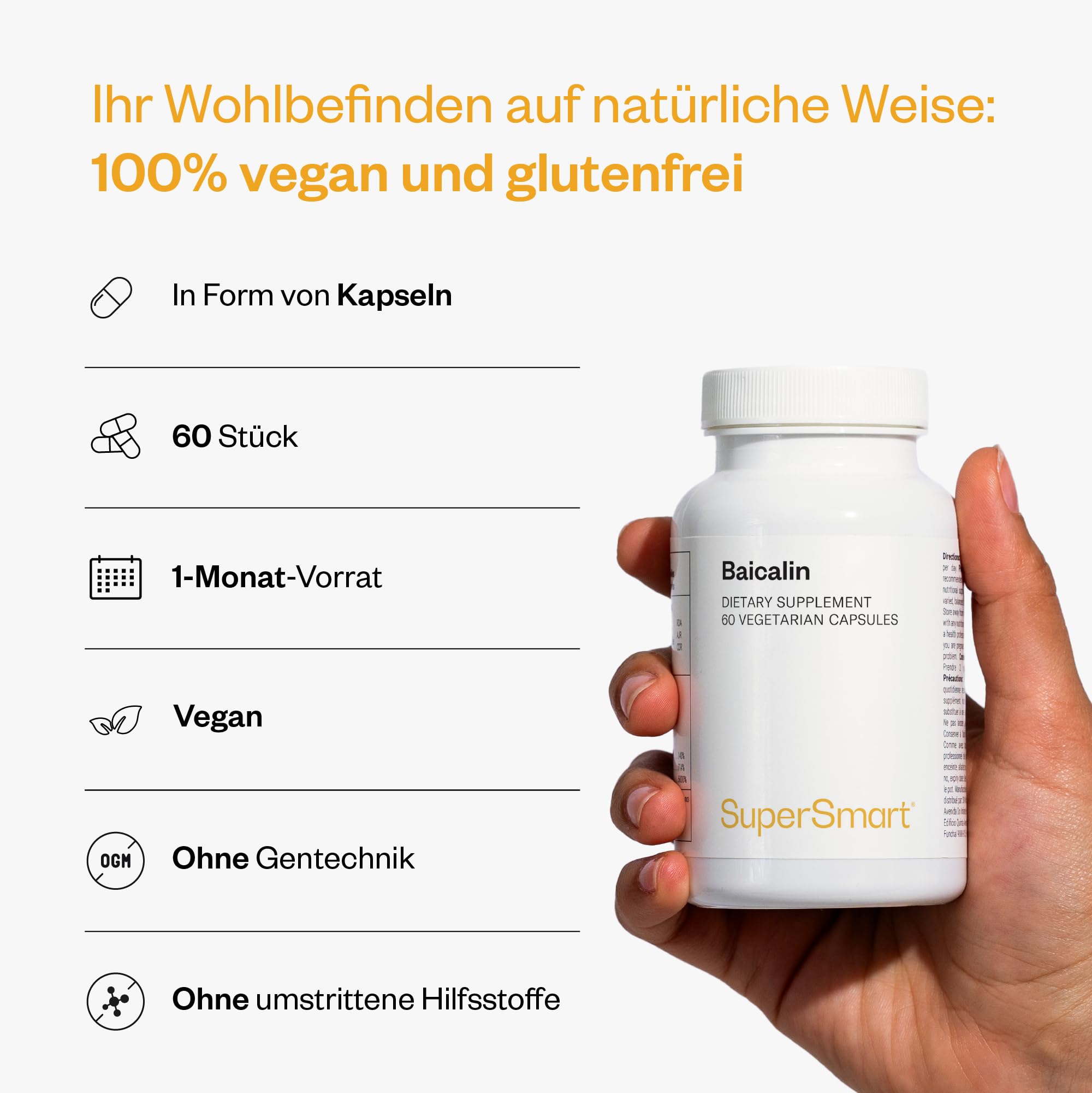 Baicalin 500 mg pro Tag - Trägt zu einer gesunden Leber bei - Hilft, die Leber zu reinigen und zu entgiften - Entspannende, antivirale und entzündungshemmende Eigenschaften- Vegan - Supersmart