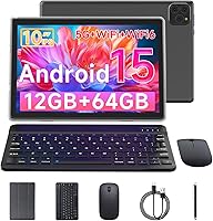 Vyrolinia Android 15 Tablet 10.1 Inch 12GB RAM 64GB ROM 2TB Expandable 2-in-1 with Keyboard Mouse Stylus WiFi 6 Black