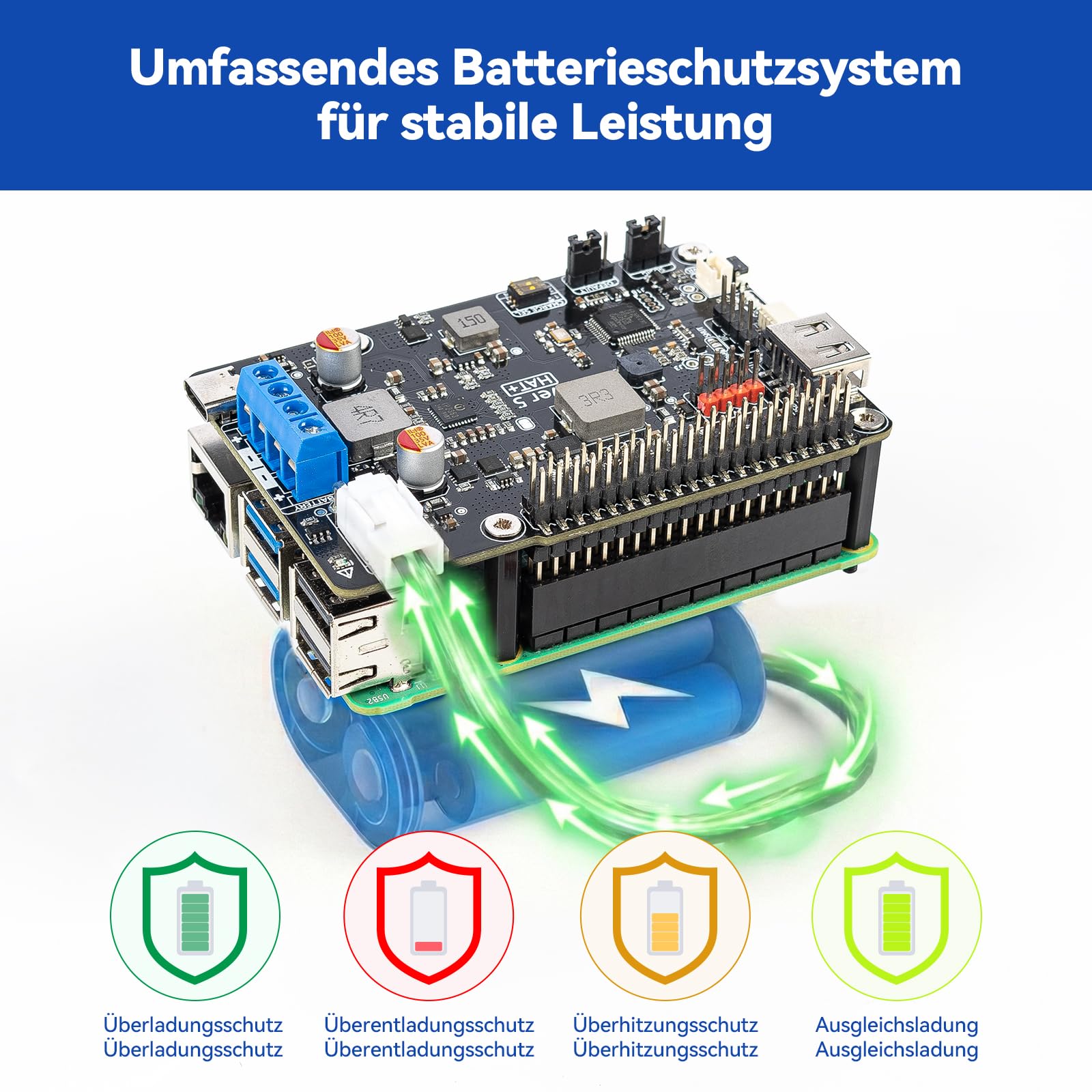 PiPower 5 UPS HAT für Raspberry Pi 5/4B/3B+/Zero 2 W, 5V/5A Netzteil mit Batterie-Backup, sicheres Herunterfahren, Smart Alerts & Monitoring, USB-C PD 45W für NAS, Server und Home Assistant