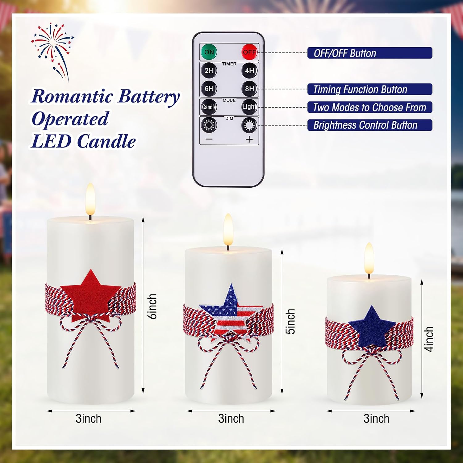 4th of July 4" 5" 6" Flameless Pillar Candles with Remote, Set of 3 Patriotic White Battery Operated LED Candle with Star Felt, Independence Day Decorations for Home Party Table Fireplace