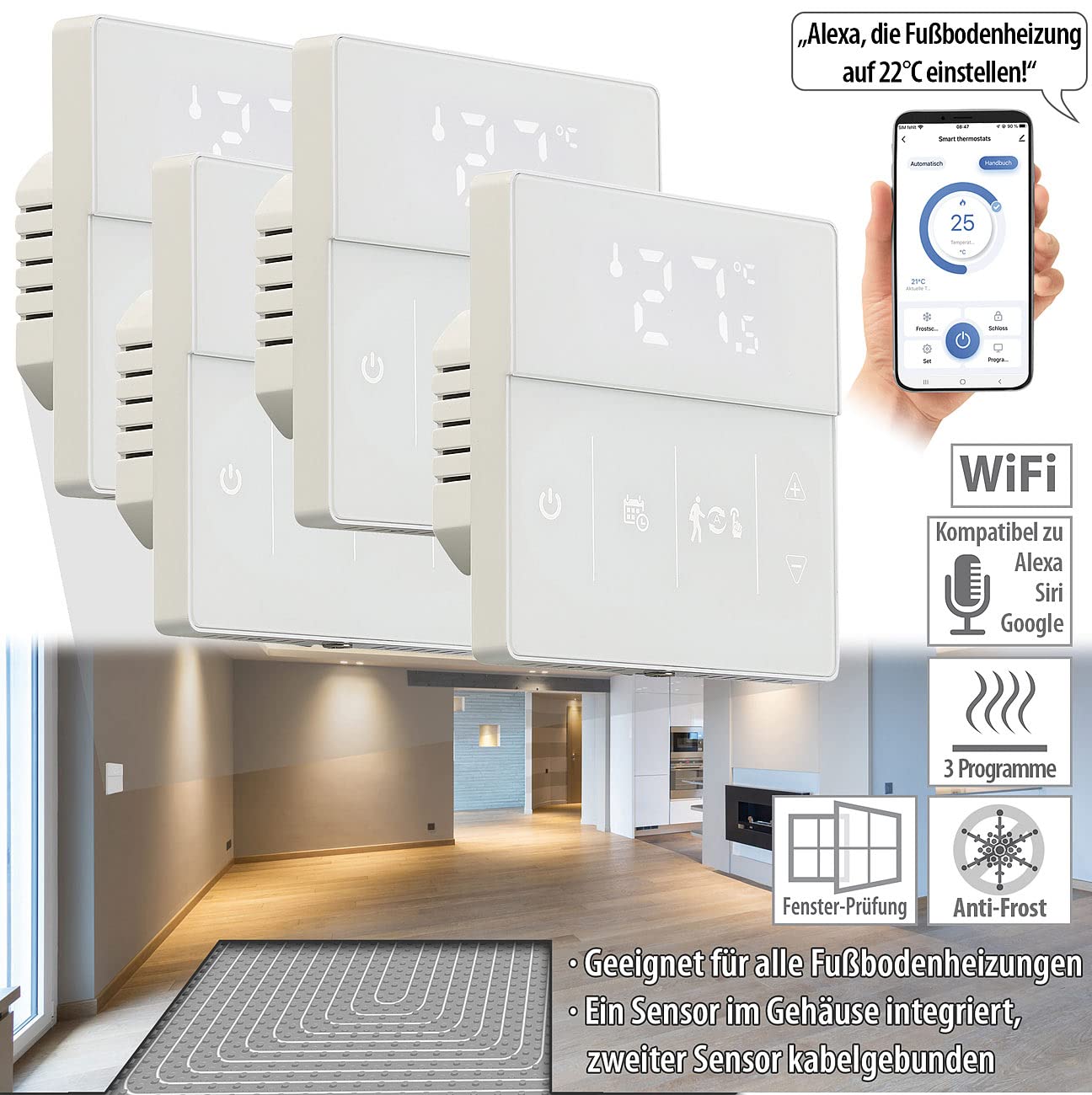 revolt Raumthermostate: 4er-Set WLAN-Fußbodenheizung-Thermostate mit App, weiß (Fußbodenheizung-Thermostat Aufputz, Elektronisches Raumthermostat, Infrarotheizung)