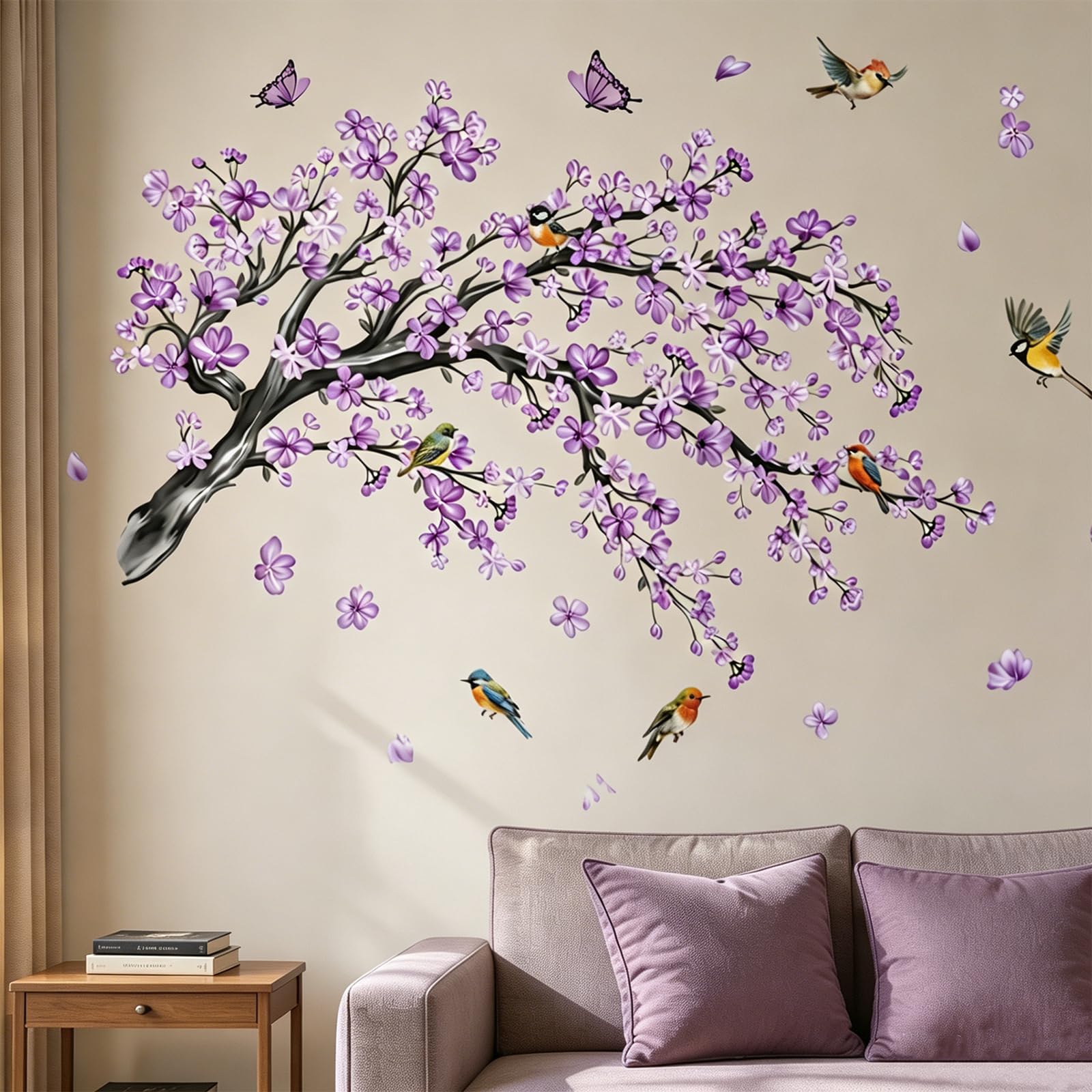 Large Watercolor Wall Stickers, Purple Floral Bird Wall Decals, Removable Self Adhesive Wall Art for Bedroom Living Room Decor, Easy to Apply and Peel Off