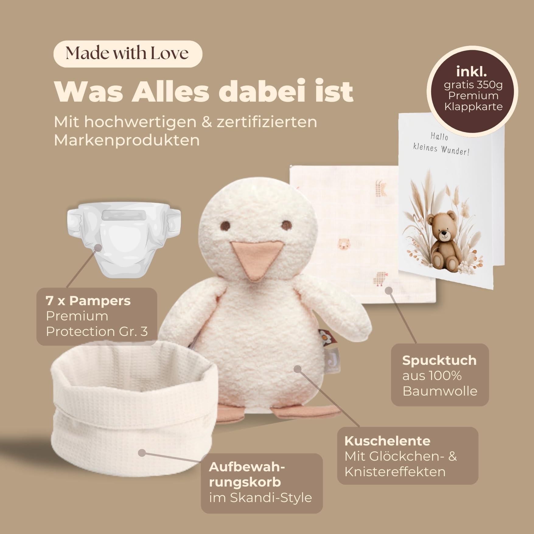 Baby Geschenkkorb zur Geburt – Windeltorte neutral mit Kuscheltier Ente, Spucktuch & Karte, Baby Willkommensgeschenk Junge & Mädchen, Handmade Erstausstattung Set & Wickeltisch Organizer