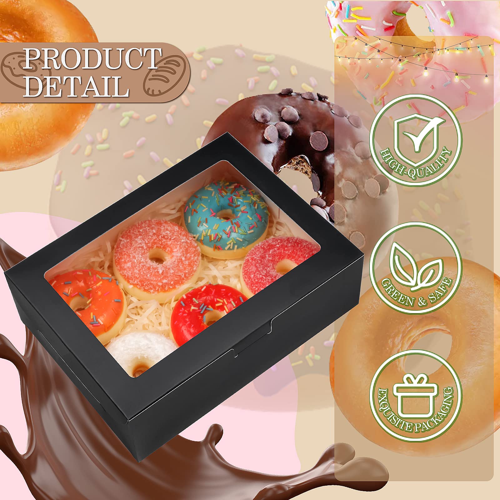KPOSIYA 65 cajas de galletas de 8 x 6 x 2.5 pulgadas con ventana, cajas de panadería negras para regalo, golosinas, postres, cupcakes, chocolate, fresas, donas, magdalenas (5 ventanas de estilo)
