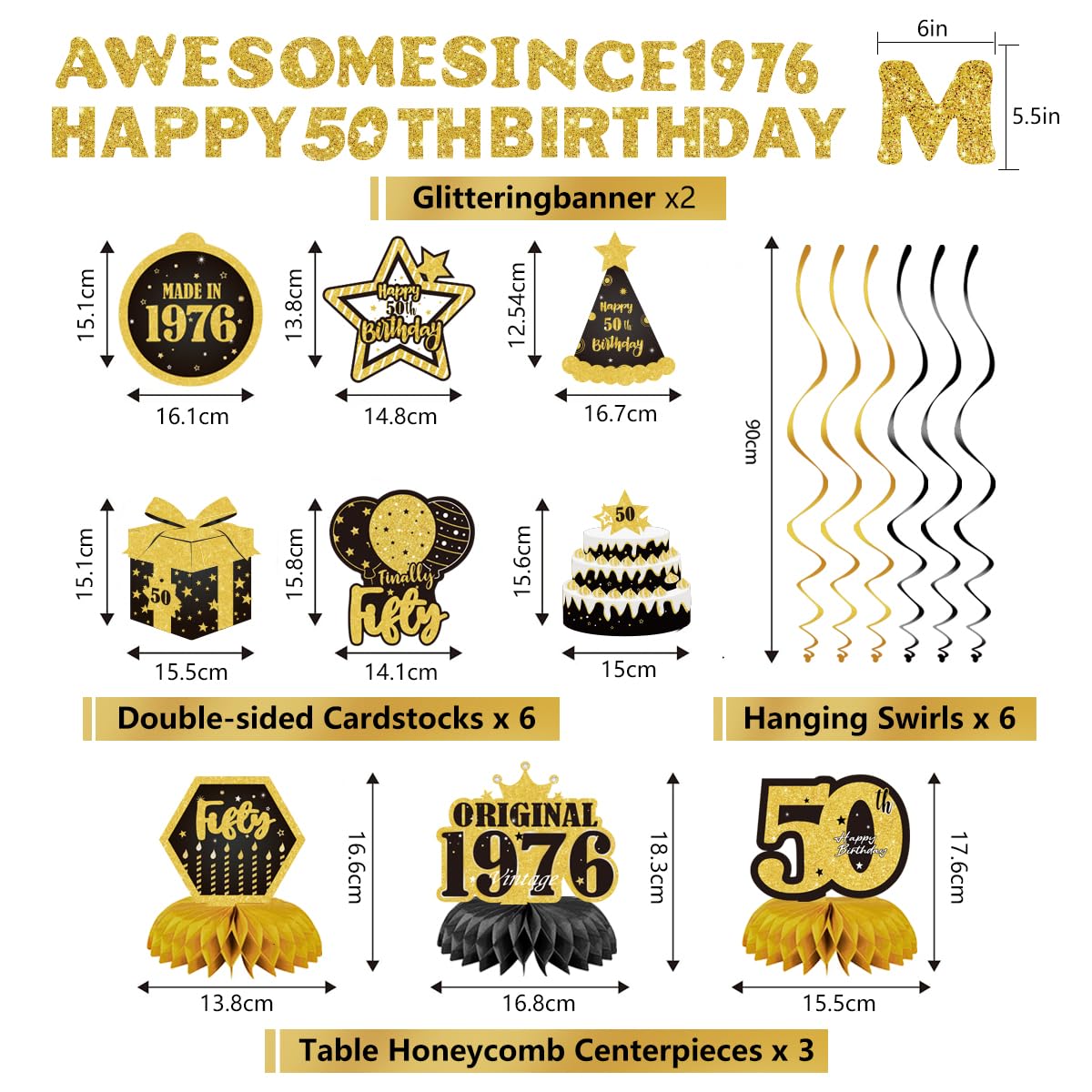 Decoraciones de feliz cumpleaños número 50 para hombres y mujeres, pancarta de fiesta negra y dorada con impresionante cartel desde 1976, 11 piezas, incluyendo remolinos colgantes y centros