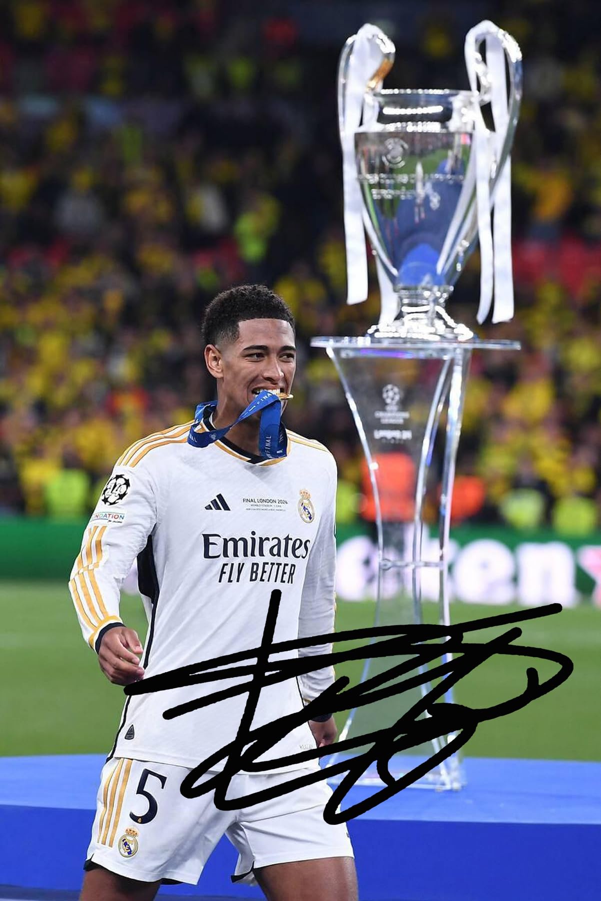 RJR PRINTS Jude Bellingham - Trofeo del Real Madrid 15 de la Liga de Campeones firmado con una firma preimpresa. Regalo con autógrafo de fútbol