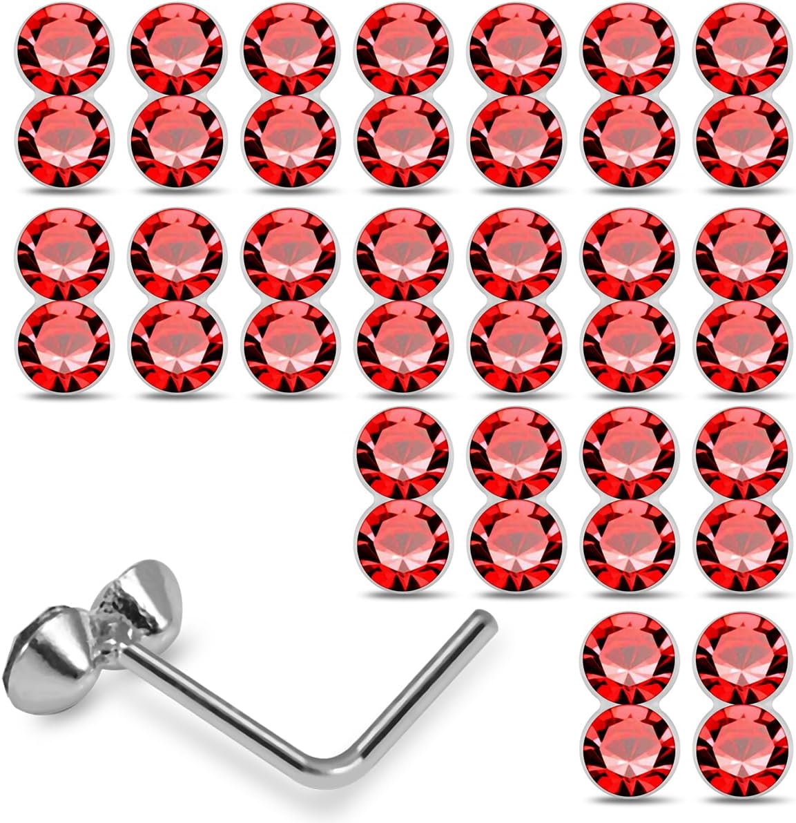 20 Pieces Box Set Double Crystal Stone Design 22 Gauge 925 Sterling Silver L Shape Nose Pin - Nose Stud - Tiny Nose Ring - Nose Piercing Body Jewelry
