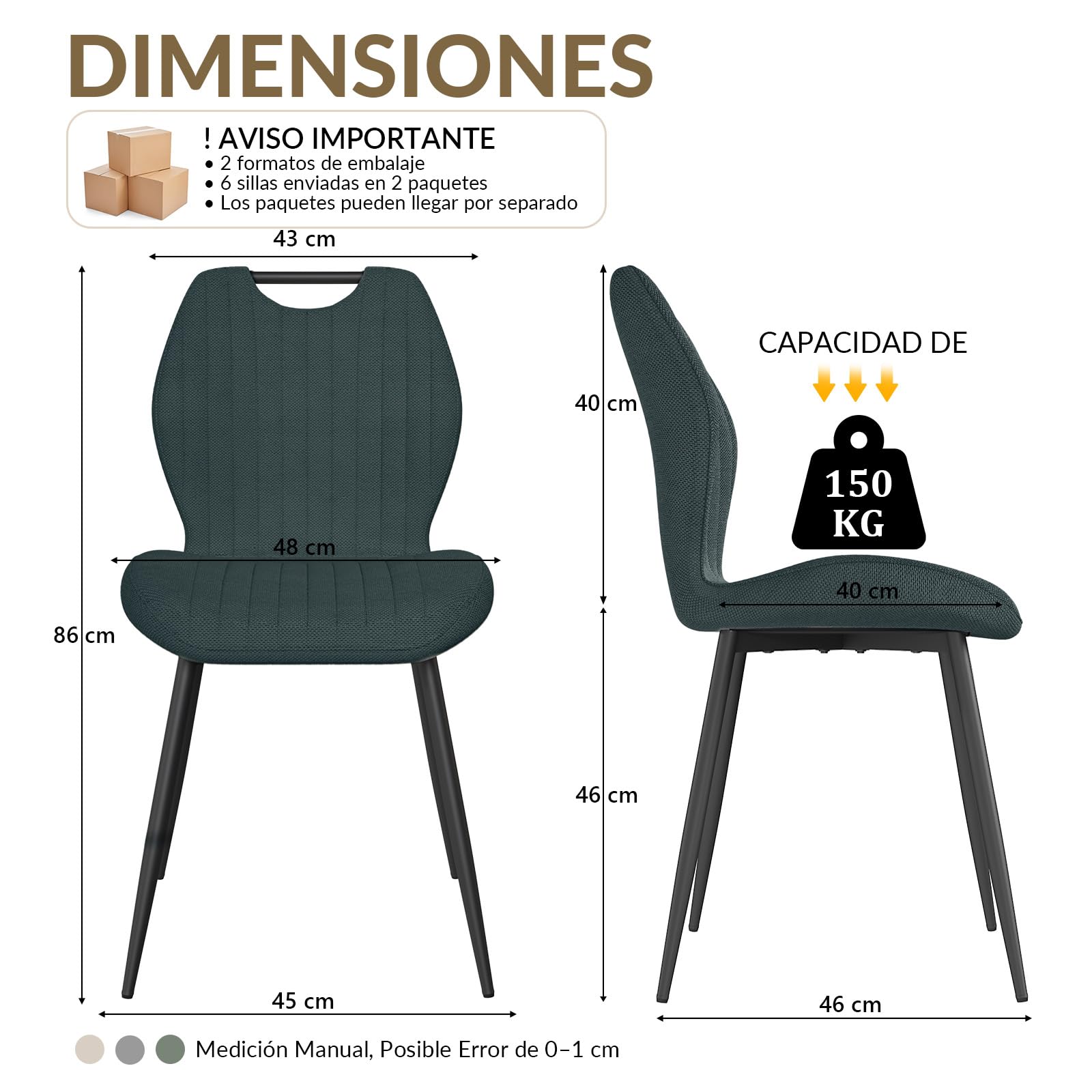 JIJIAN Pack de 6 Sillas de Comedor, Sillas de Cocina, Silla Tapizada, Silla de Salón, Respaldo de Tela y Patas de Metal, Ideal para Comedores, Cocinas y Salones, Gris Oscuro