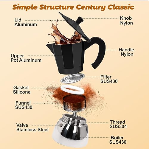 Miniatura 3 de Cafetera italiana sin revestimiento de 4 tazas de aluminio y acero inoxidable, cafetera italiana, 7.4 fl oz, 7.44 onzas, adecuada para estufa de