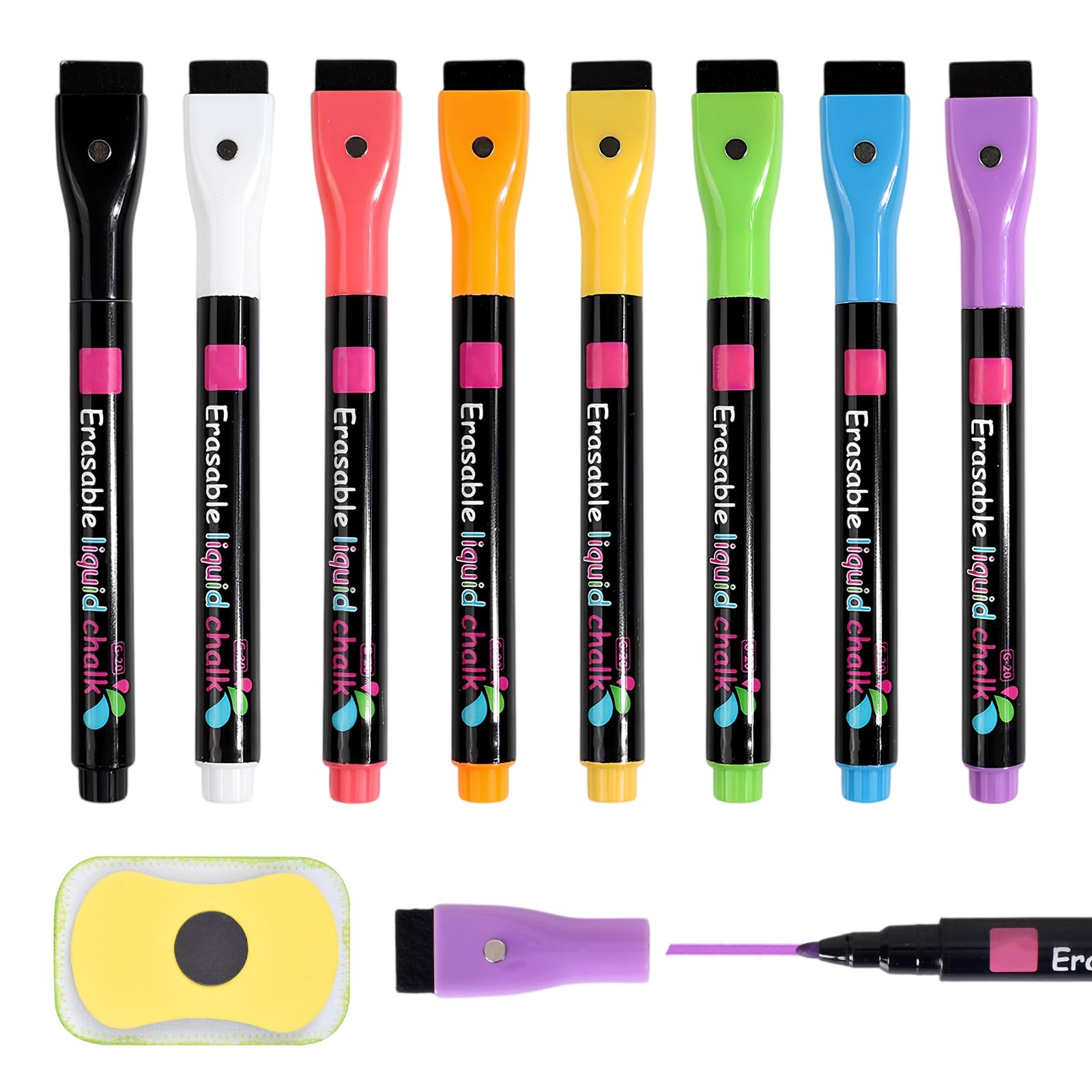 Set de 8 Rotuladores para Pizarra Blanca con Tapa de Borrador, 8 Colores Rotuladores Pizarra Blanca, Marcadores Magnéticos Punta Fina con Borrador de Esponja, para Casa, Oficina, Escuela