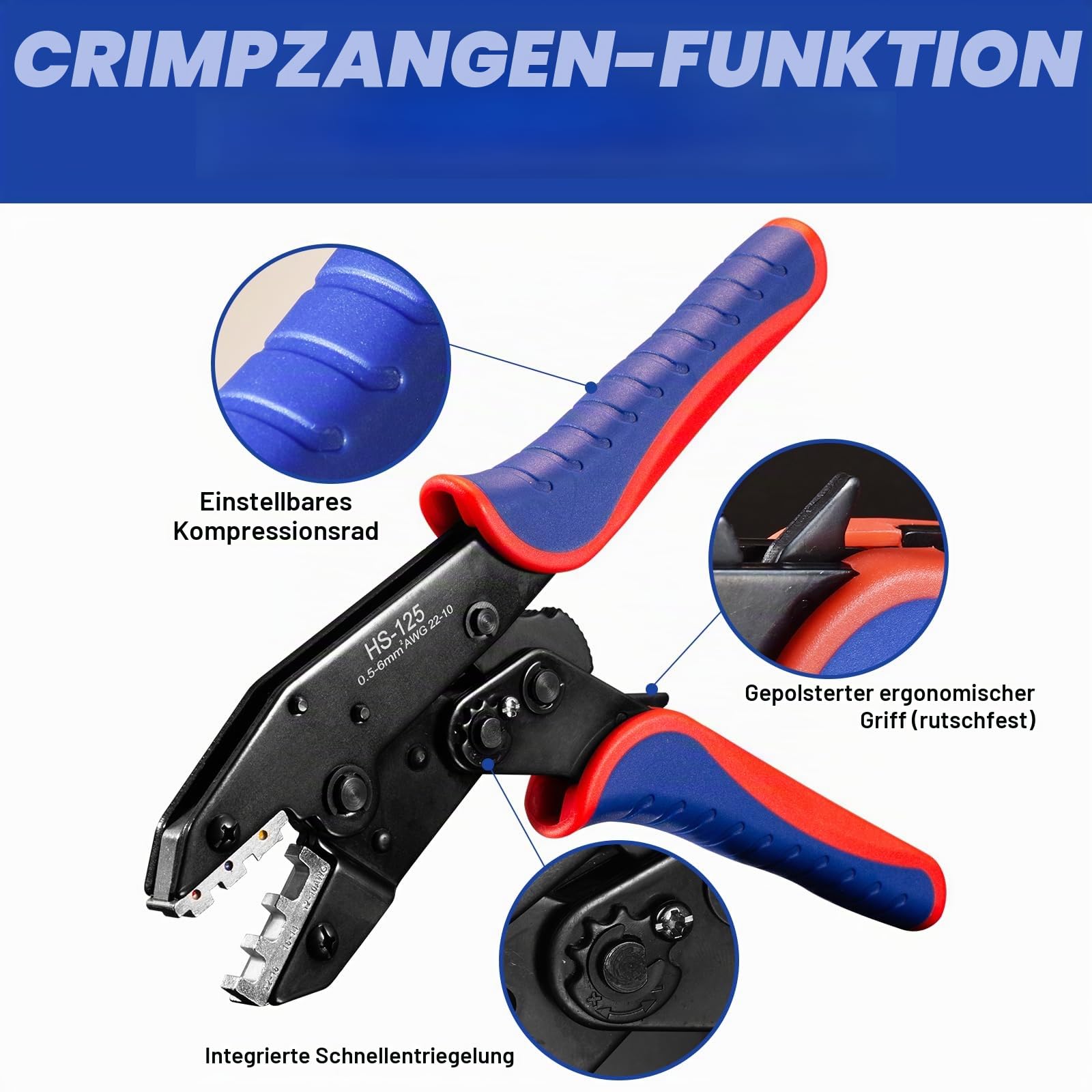 Crimpzange Set 6-tlg, Wechselbacken und Ratschen-Krimperzange | Für Schrumpfschläuche, isolierte Nylonkabel, nicht isolierte Kabel, Aderendhülsen, offene Kabelschuhe, Solar/PV Stecker