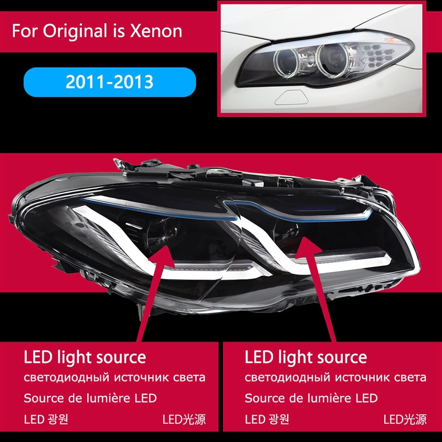 Headlights Compatible With BMW F10 F18 Headlights 2011-2017 DRL Day Running Light LED Bi Xenon Bulb Fog Lights Car Accessory F10 F18 Head Lamp(10-13 xenon,A PAIR_LEFT RUDDER)