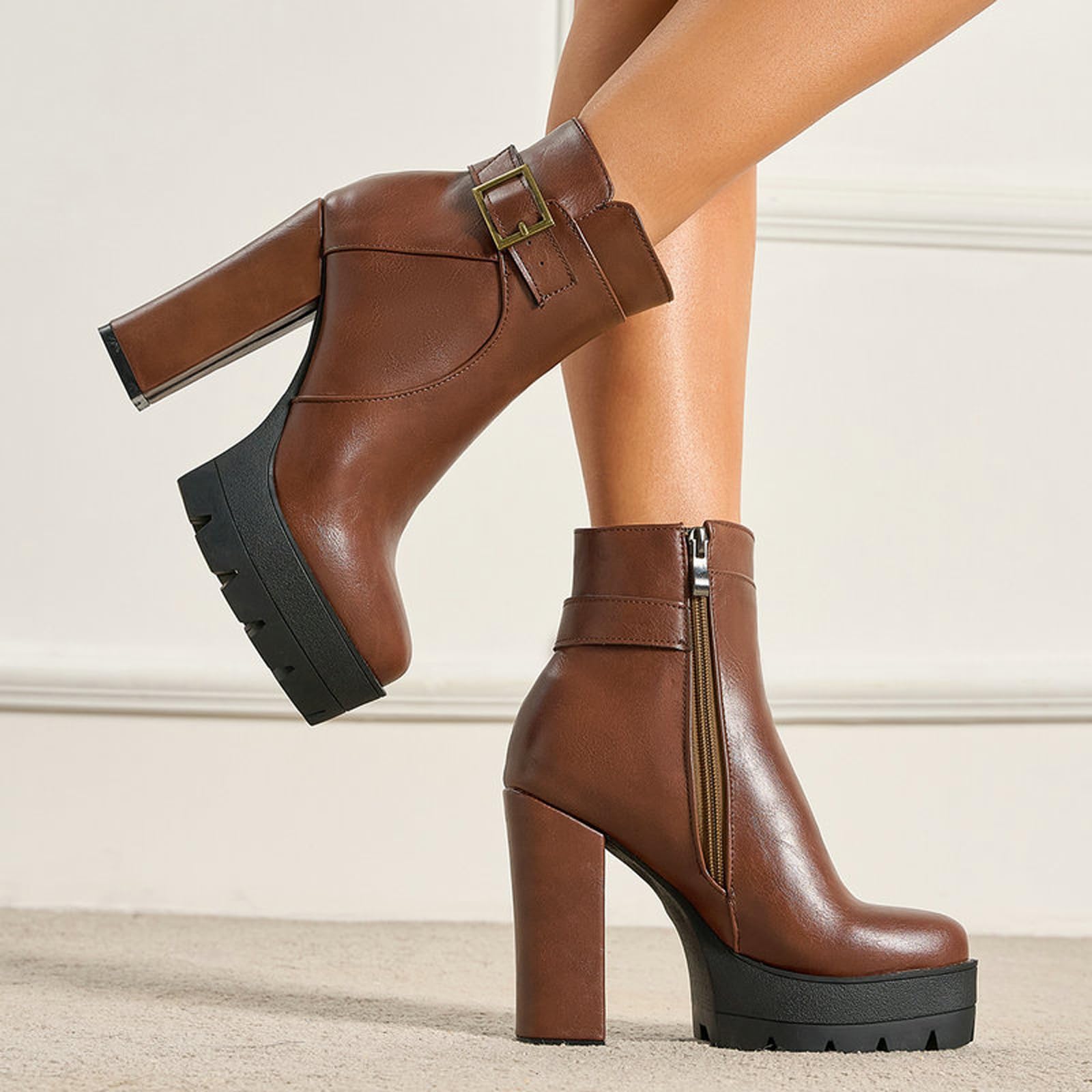 Bottines à Talon épais de 11 cm pour Femmes avec Fermeture éclair latérale | Bottes de Combat Confortables à Plateforme et Coupe Large pour soirée en boîte de Nuit