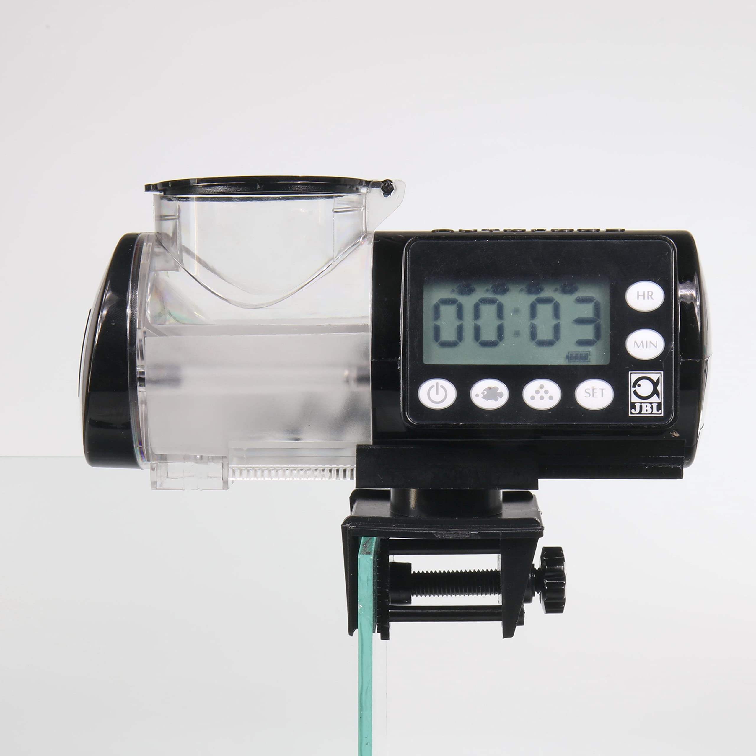 JBL PRONOVO AUTOFOOD, Futterautomat für Aquarium, Fütterung mit Fischfutter-Granulat bis zu 4x täglich, Inkl. Halterung und Adapterring zur Erweiterung des Volumens auf 375 ml, Schwarz