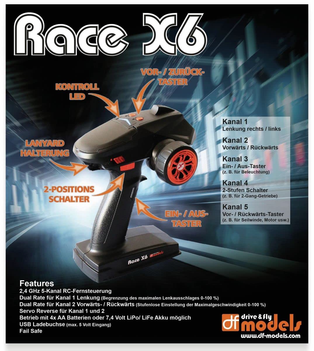 Unbekannt DF Models Race X6 - Mando a distancia de 5 canales con receptor y interruptor