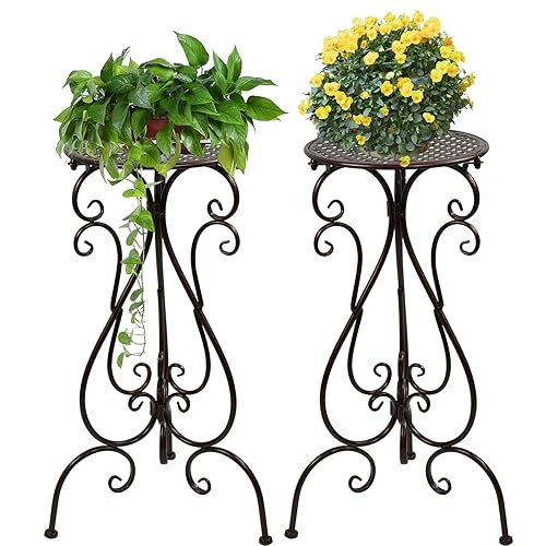 NAKUPE 2 Pack Plant Stands Indoor Outdoor, Metal Flower Pot Holder 22.5 inch Tall, Heavy Duty Pedestal Plants Stand for Patio Garden Porch Corner Balcony, Brown - 23in-2 Pack-Brown