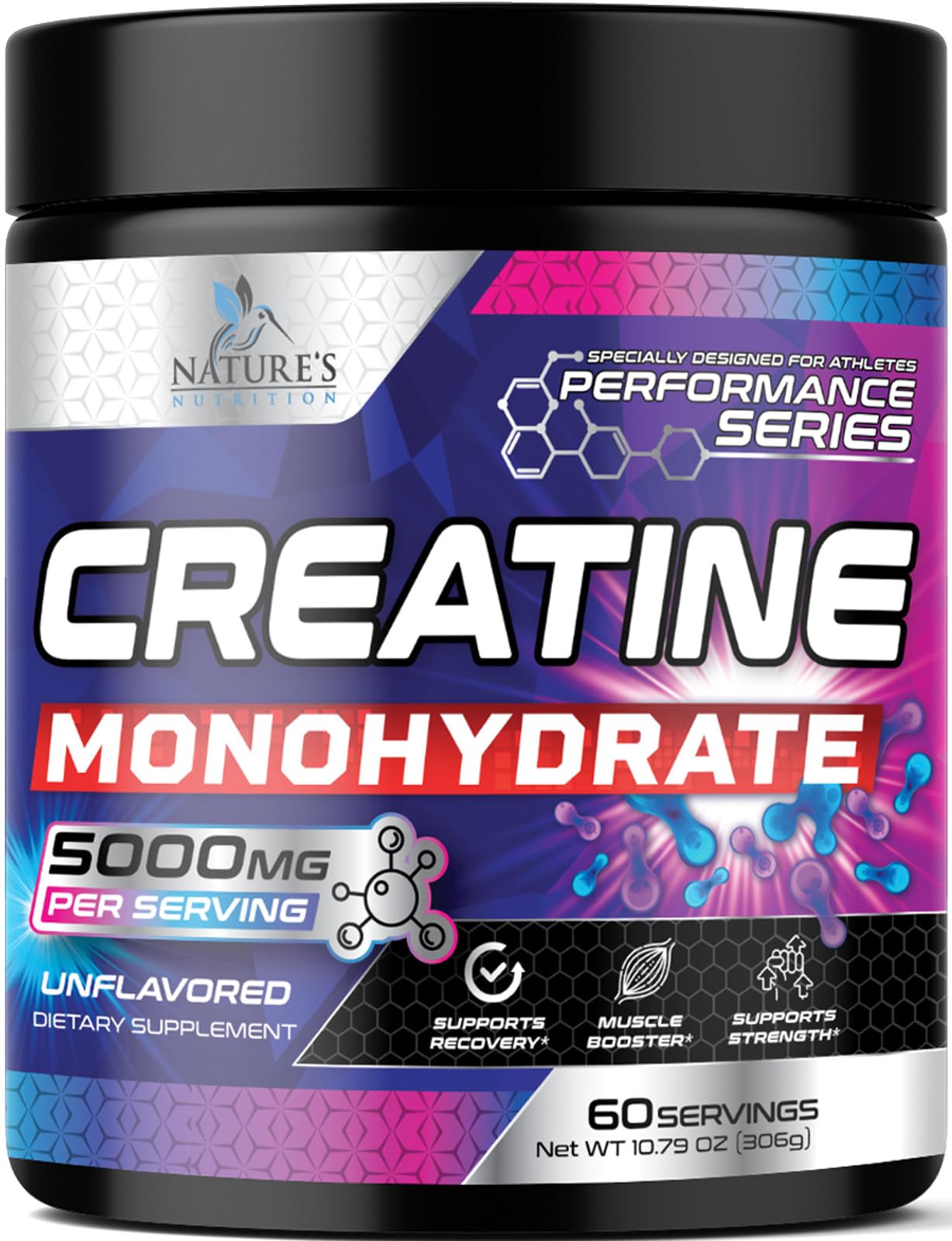Creatine Monohydrate Micronized 5000mg - Performance Powder Creatine Nutritional Supplement - For Muscle Strength, Growth & Energy Support, Unflavored Monohydrate Powder, USA Bottled - 60 Servings