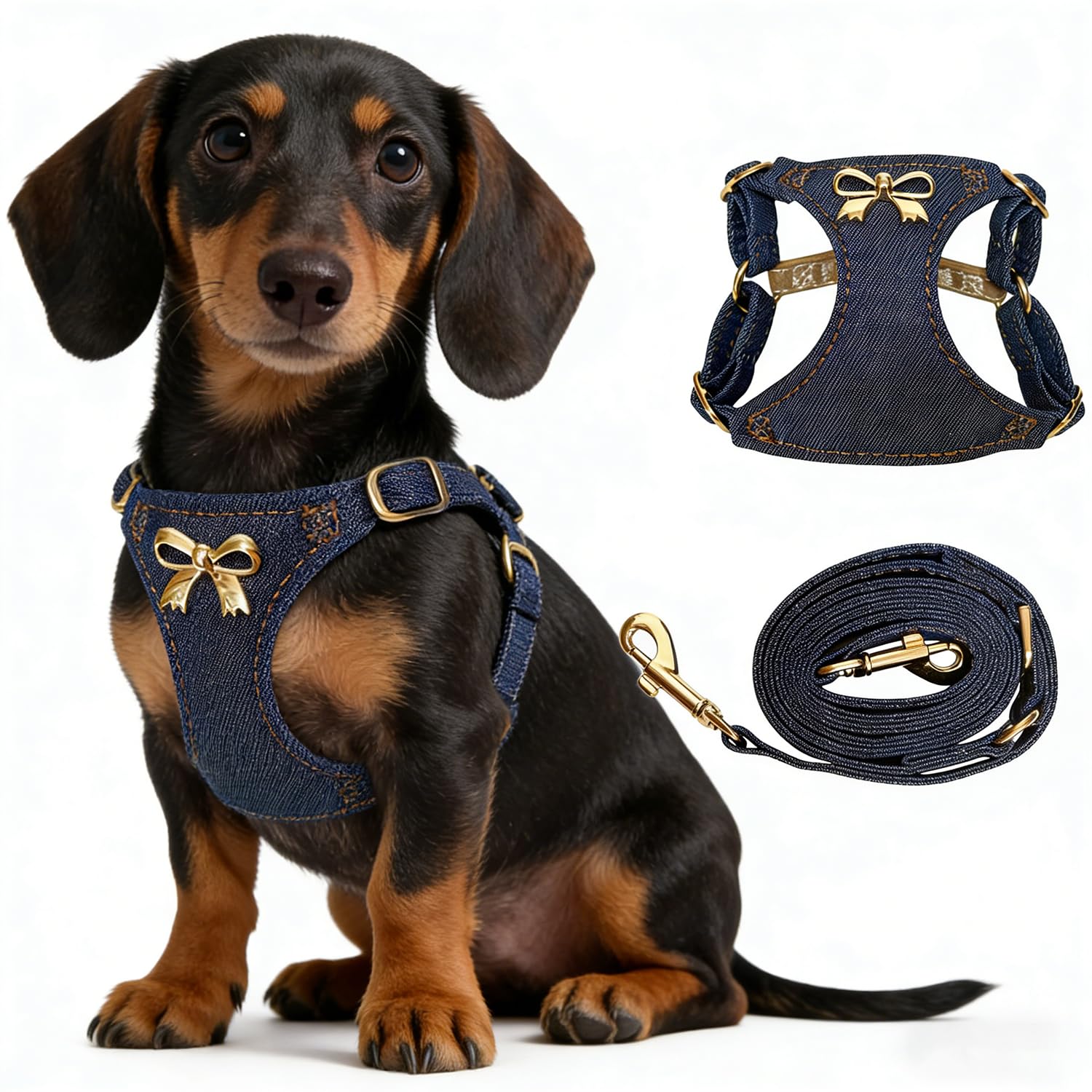 No Pull Dog Harness and Leash Set for Small Sized Dog Training Puppy Harnesses with Multifunction Dog Leash Soft Adjustable Denim No Choke Escape Proof Pet Harness for Small Medium Dog (Navy Blue XXS)