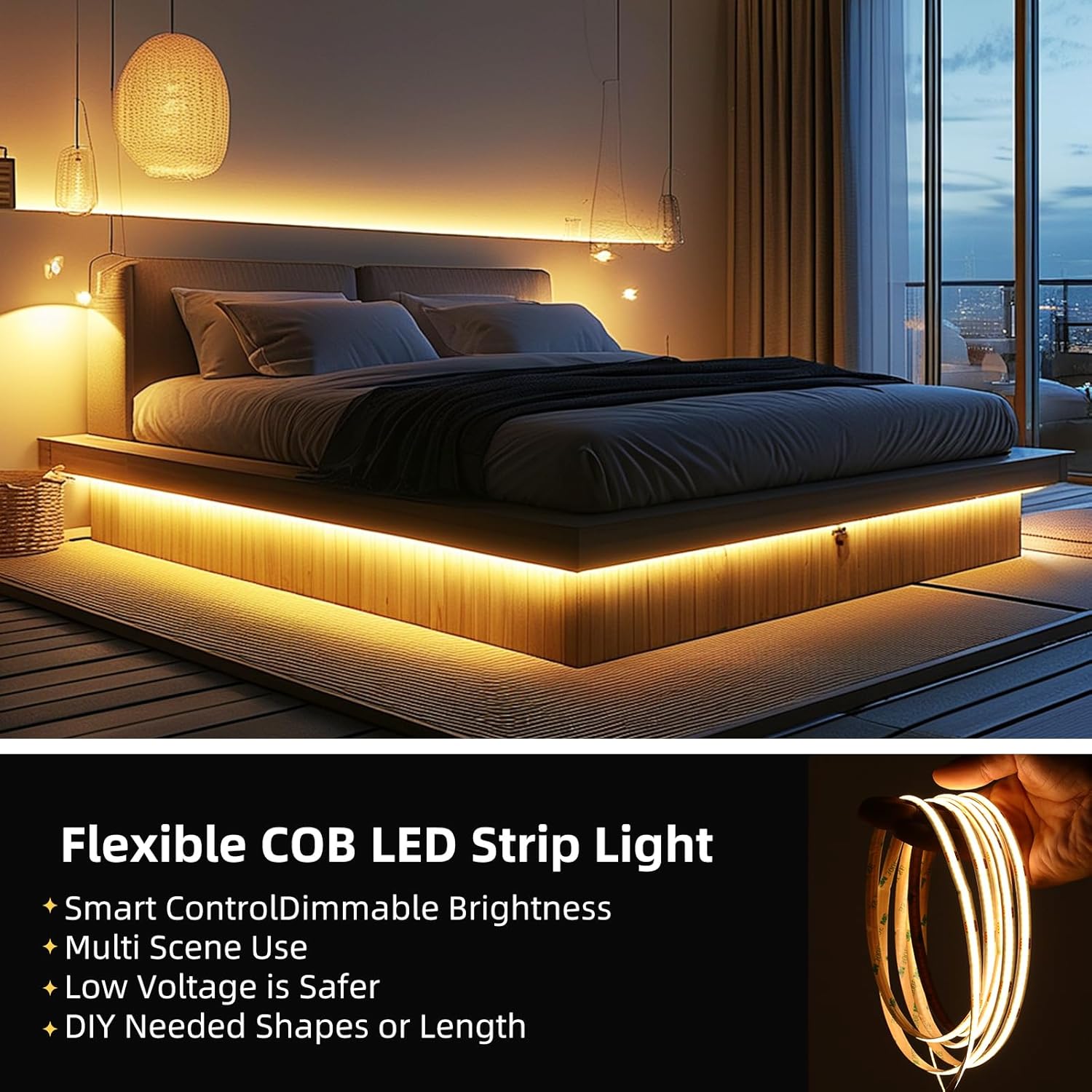 COB LED Strip Lights Warm White, 24V Dimmable led Light Strip KIT, 3000K 23FT/7m Ra>90 8mm Wide Cuttable Flexible Strip Lights with Remote and UL Power Supply for Bedroom, Kitchen & DIY Decor