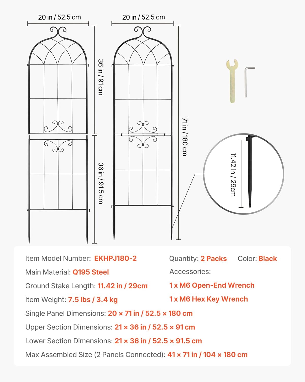 VEVOR Garden Trellis, 71 x 20 inch Rose Trellis, 2 Packs Garden Flower Rose Trellises with Powder-Coated Finish & Convenient Locking Design, Plant Support Trellises for Flowers, Vegetables, Roses
