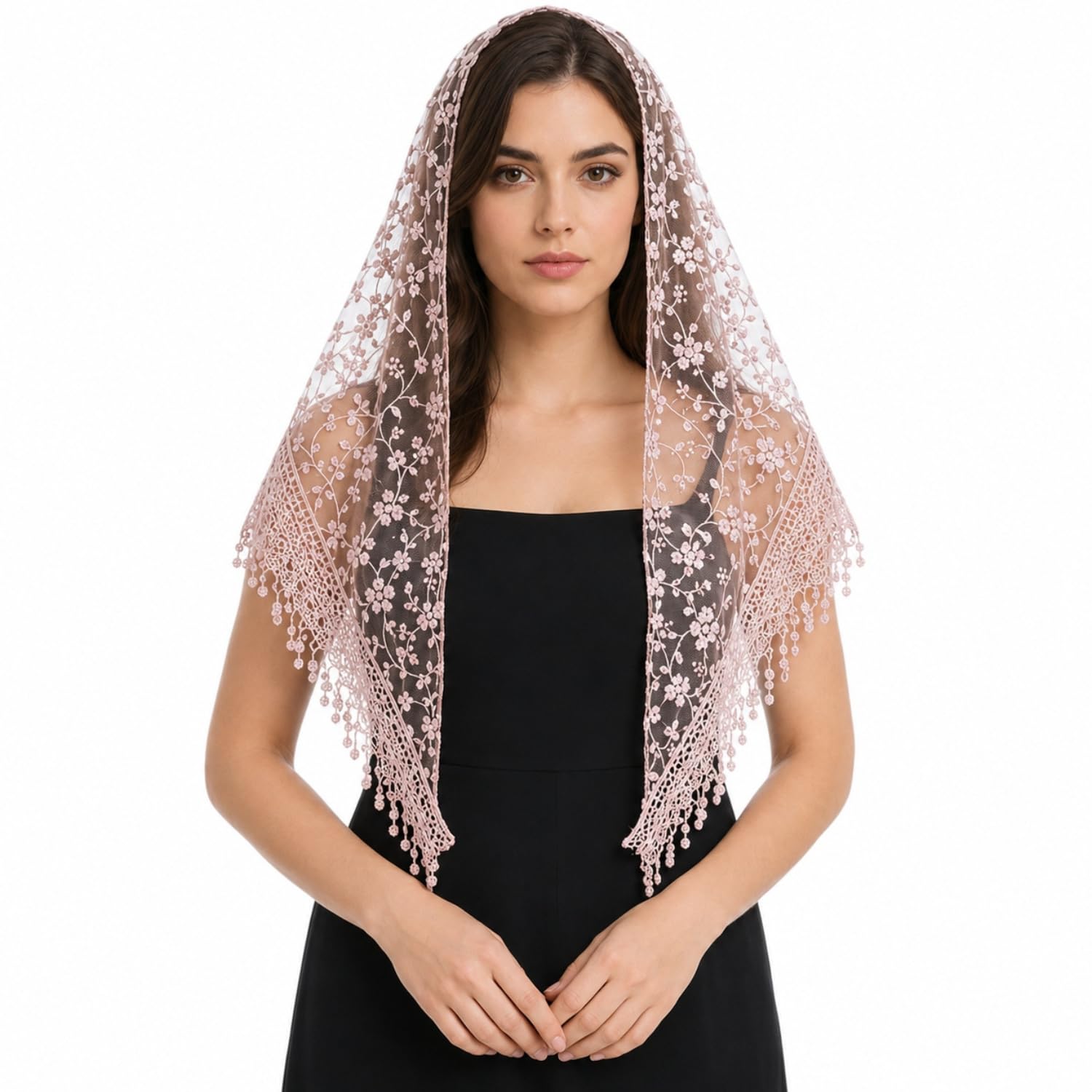 flavizo Triangle Lace Mantilla Veil, Church Veil Scarf with Floral Embroidery Pattern, Soft Lightweight Lace Head Covering with Tassel Trim, Head Scarf for Women for Mass Wedding Bridesmaids-picture-16